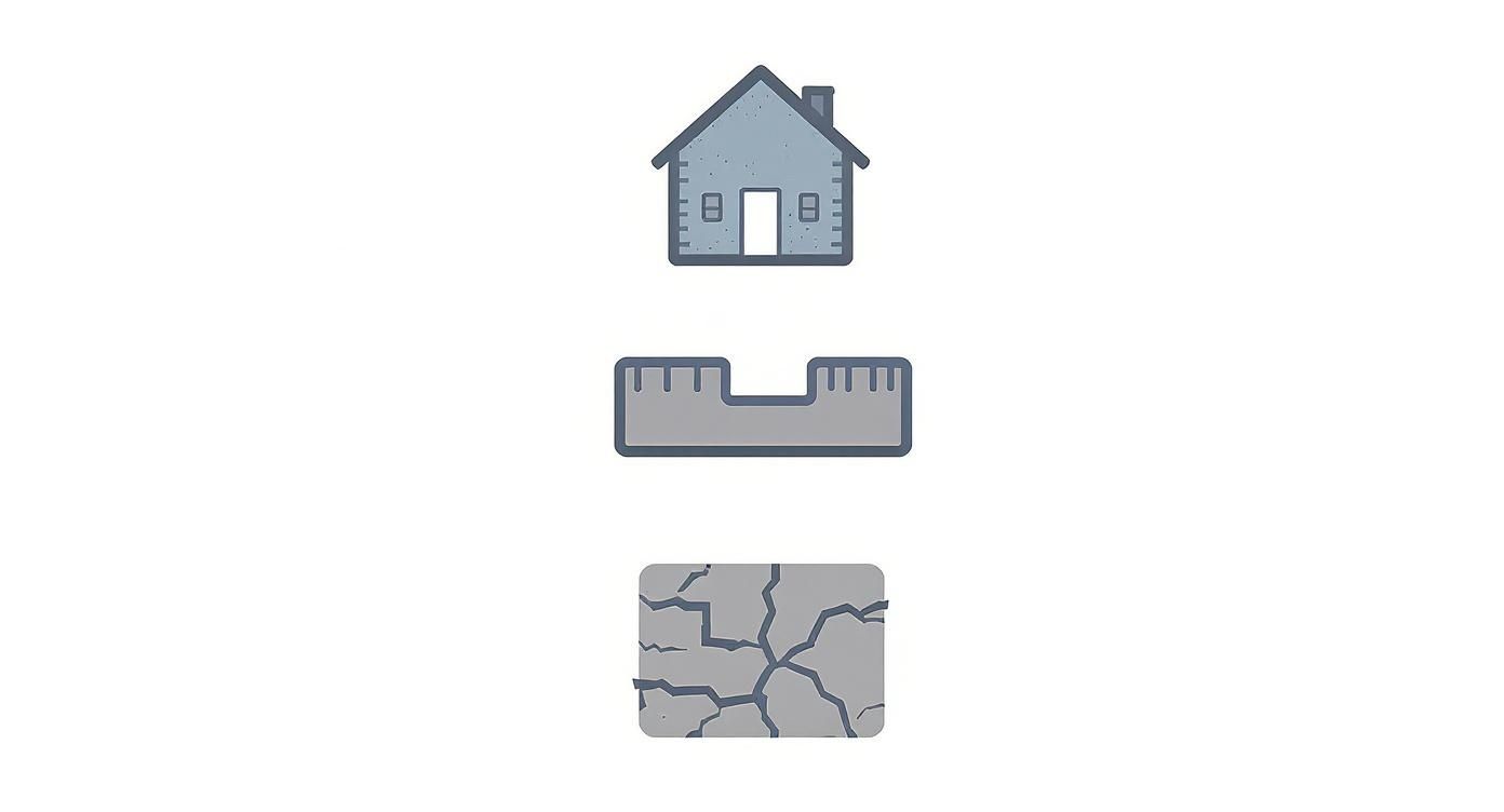 Three icons representing construction: a house, a measurement tool, and a cracked surface.