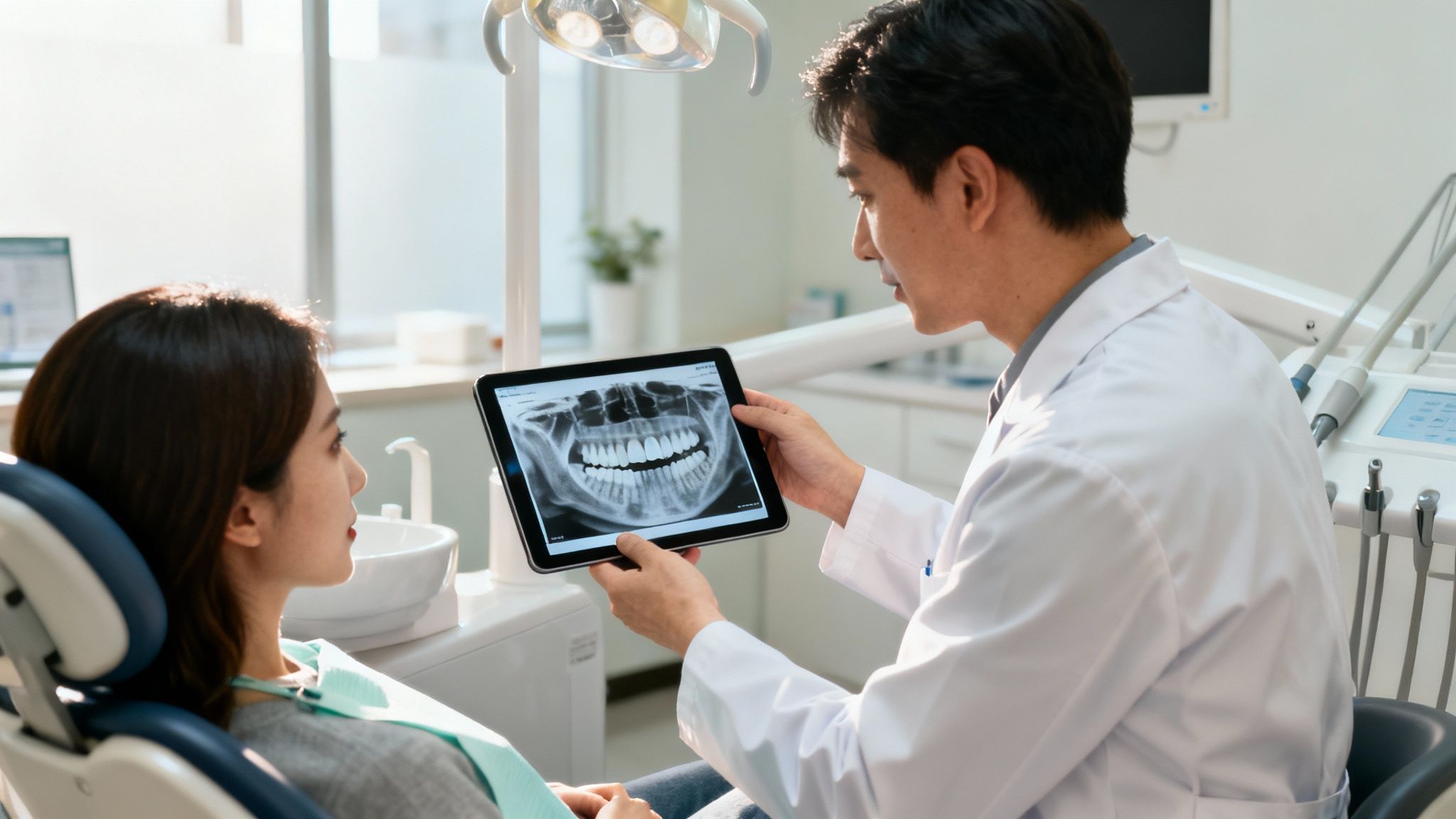 Asian male dentist explains dental X-ray on tablet to female patient in modern clinic.