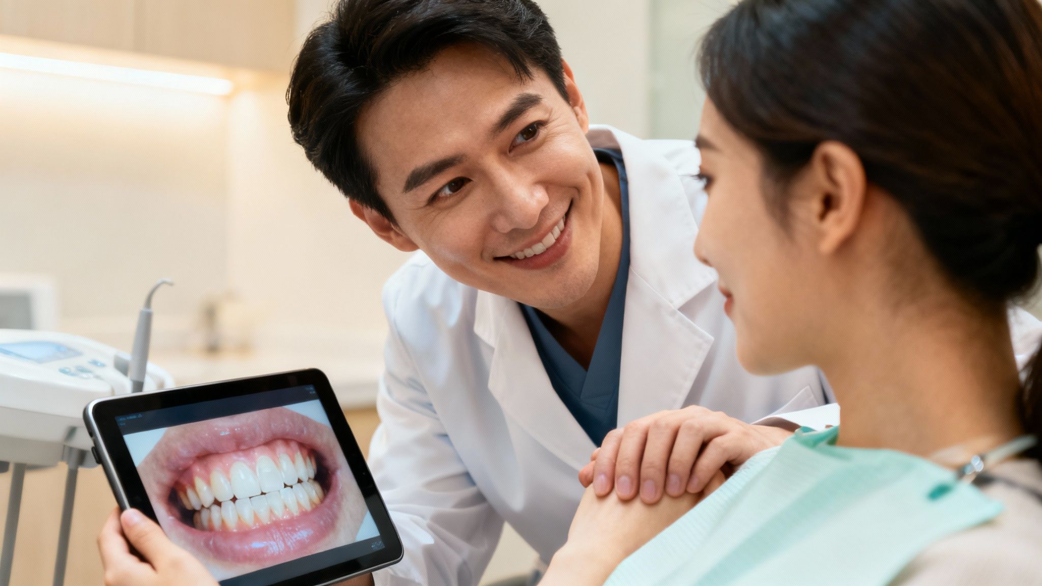 A friendly dentist compassionately communicating with an older patient in a modern dental office.