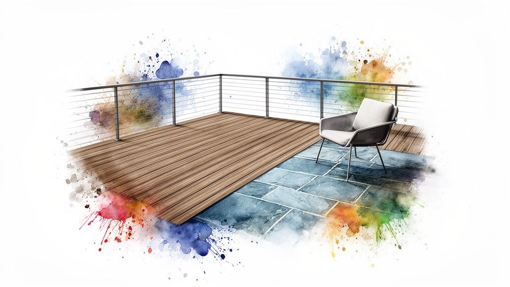 Modern deck and patio with wooden planks, tiled floor, railing, and a chair, surrounded by watercolor splashes.