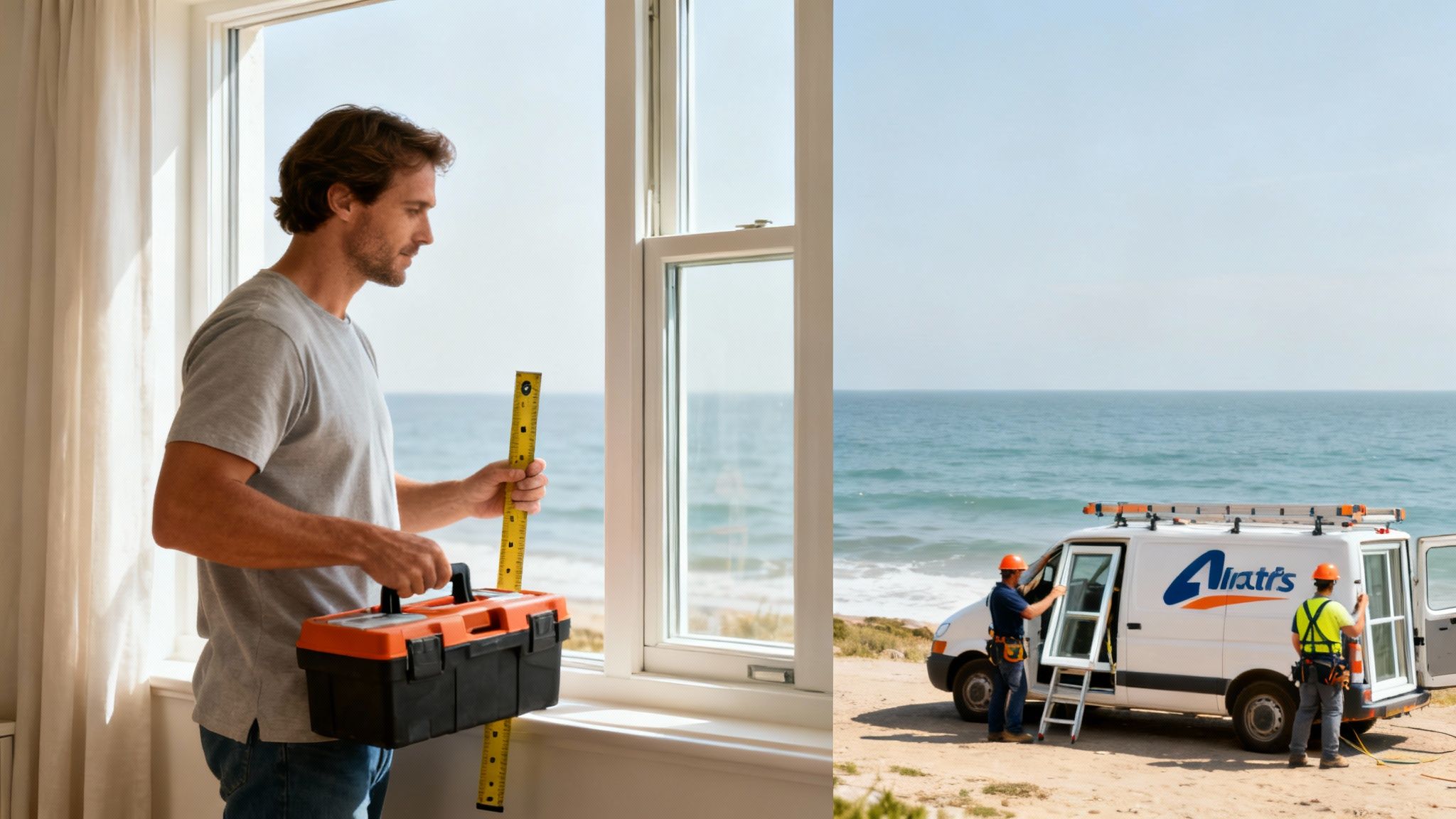 A professional installer carefully measuring a window frame in a Monterey home.
