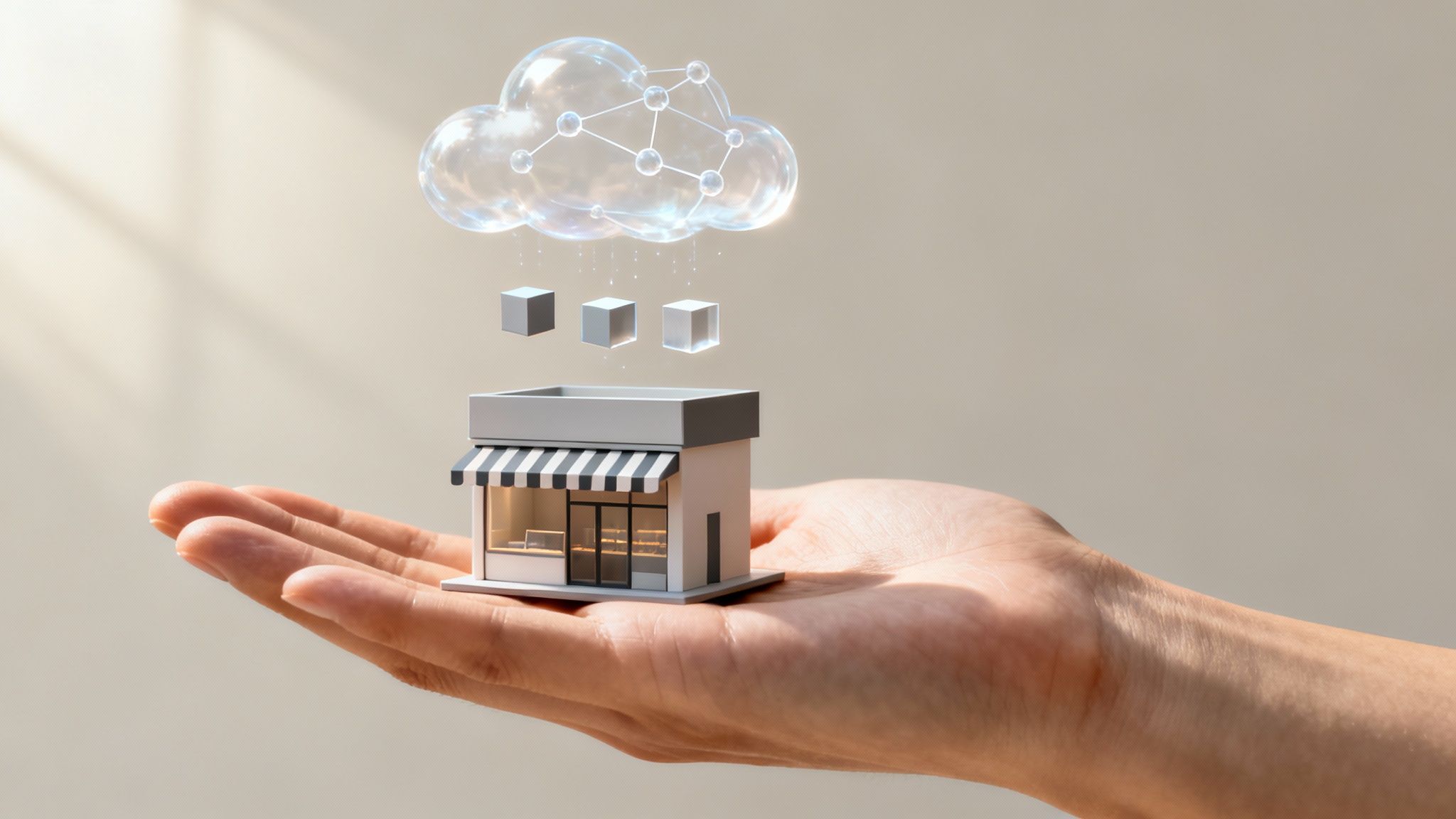 A hand holds a miniature storefront as data cubes download from a transparent cloud, symbolizing digital business.