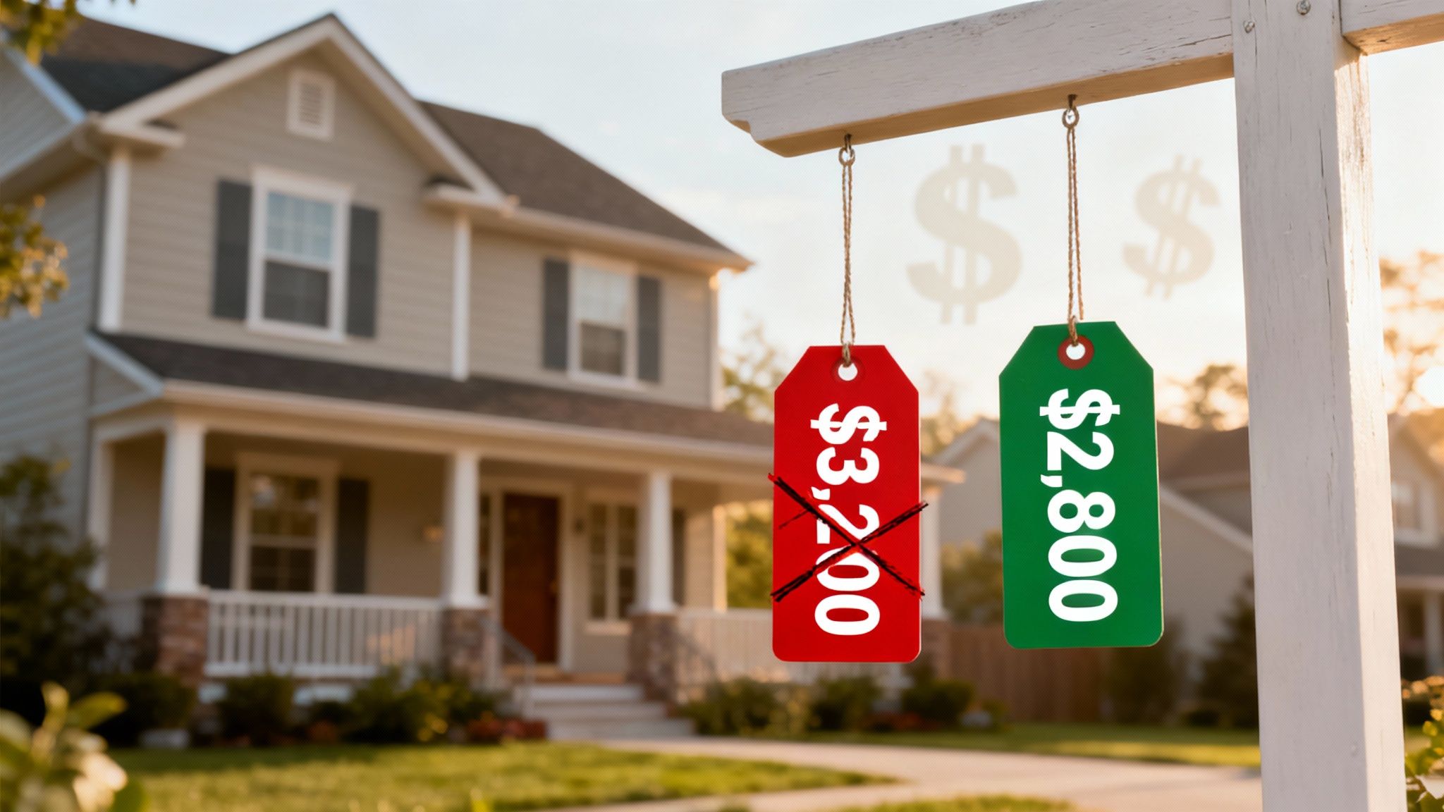 A for rent sign in front of a house, representing the importance of setting the correct rental price.