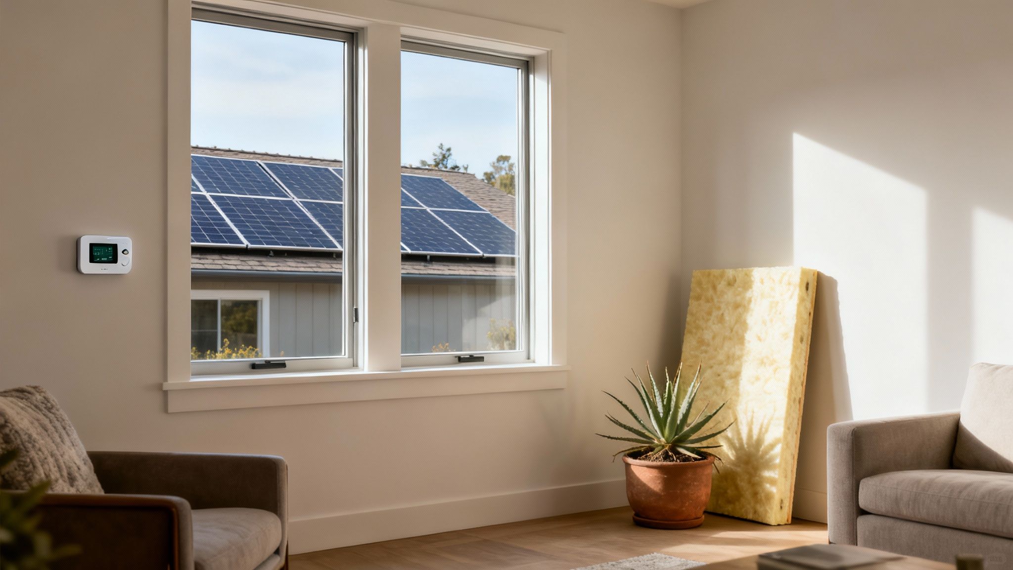 A room features a smart thermostat, insulation, and a view of solar panels, promoting sustainable homes.