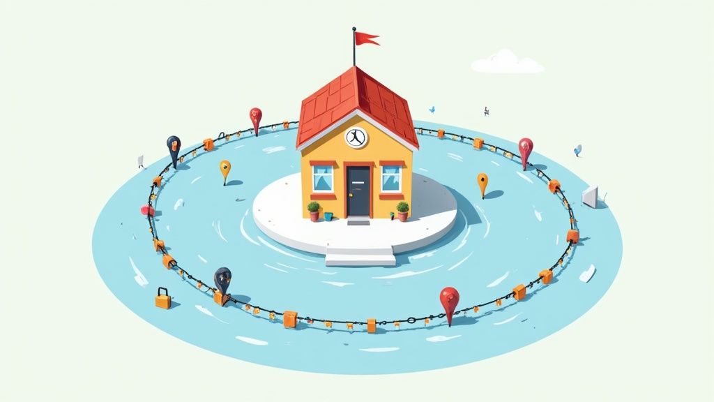 An illustrated yellow house on a white island, surrounded by a circular chain of buoys and location pins.