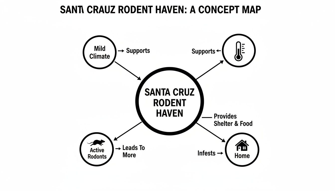 Concept map detailing why Santa Cruz is a rodent haven due to mild climate and favorable temperatures, leading to home infestations.