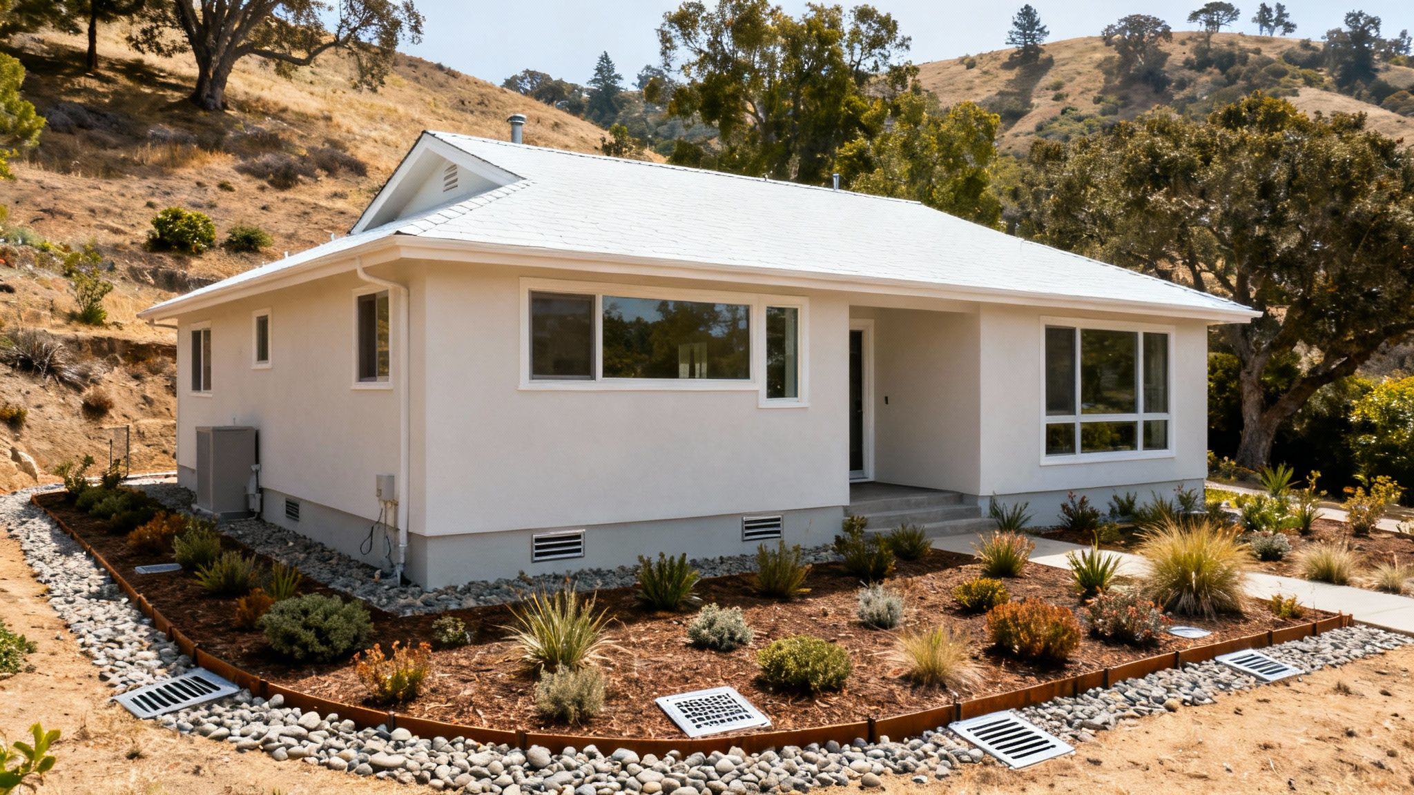 A modern home in a hilly, wooded area featuring fire-resistant siding and a metal roof.