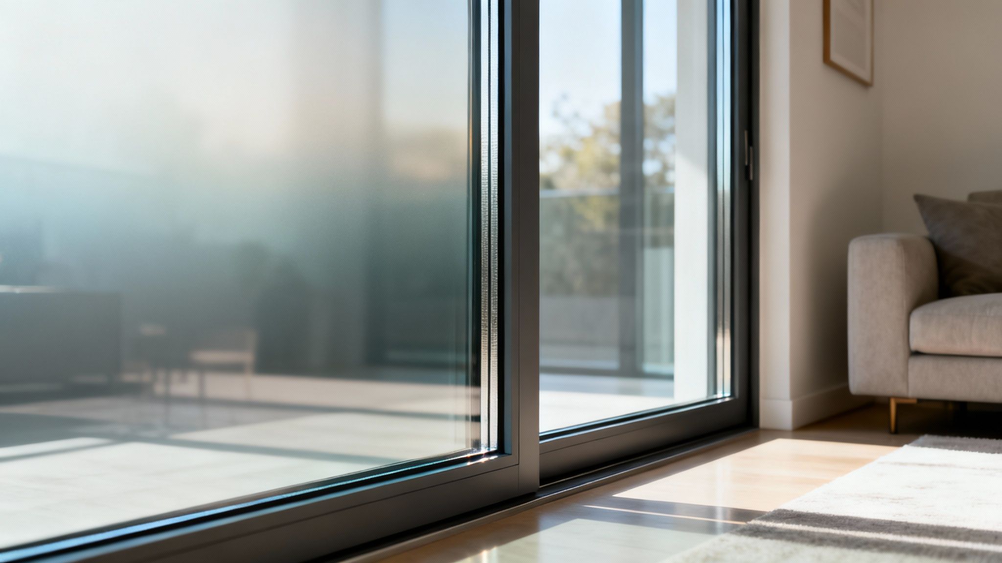 Sunlit modern living room with large sliding glass doors and a light-colored sofa.
