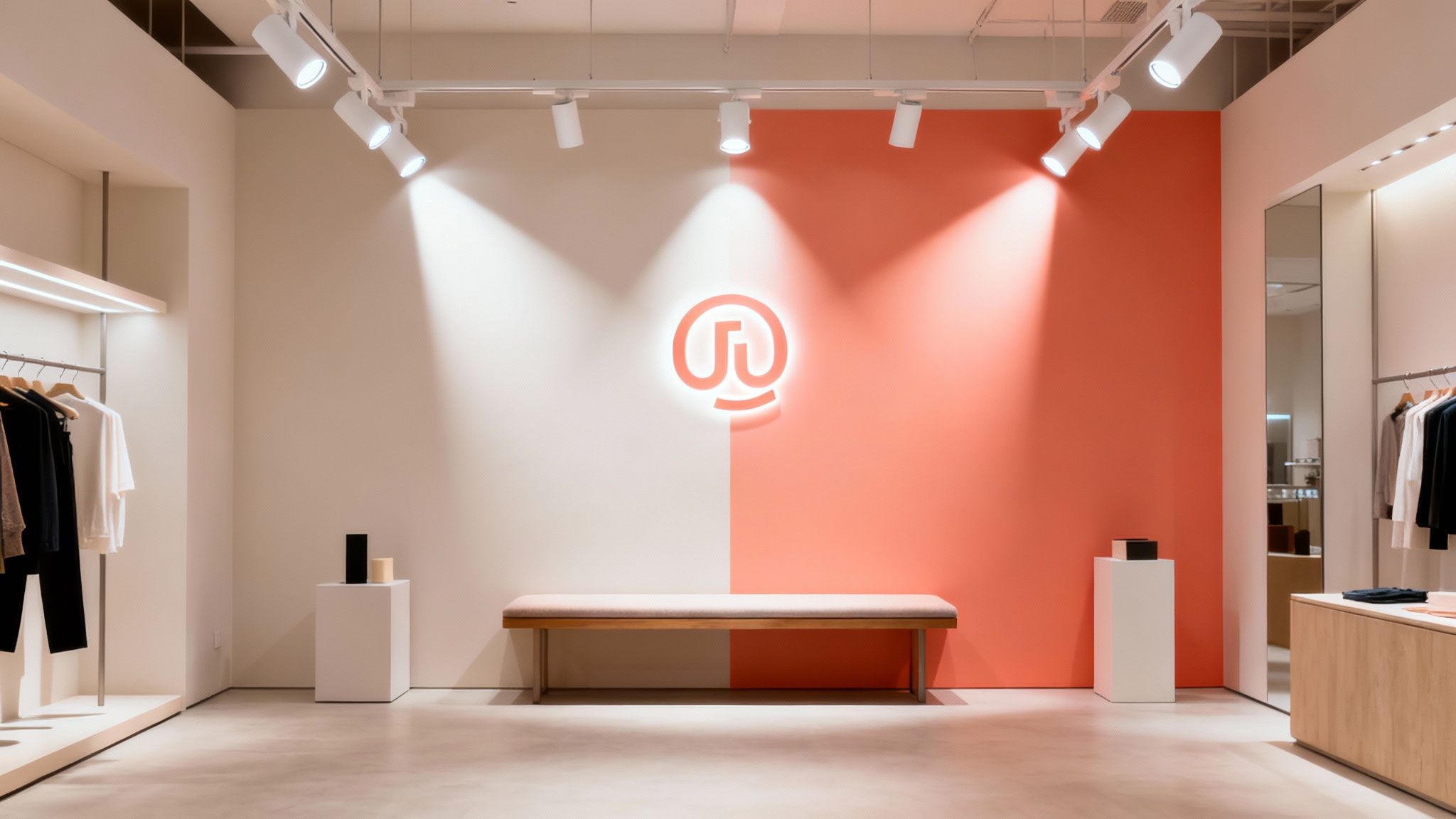 Modern retail store interior featuring a two-tone wall, glowing brand logo, and track lighting.