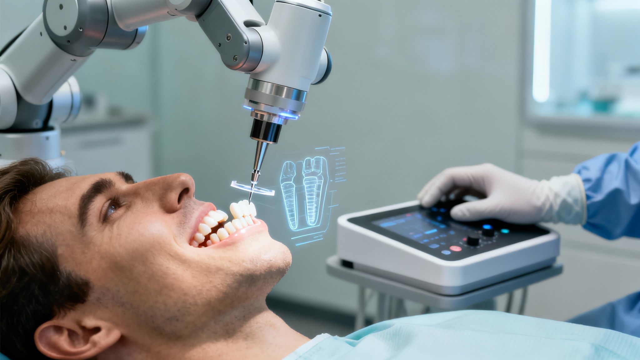Robotic dental surgery on a patient, with a professional controlling the system and holographic implants displayed.