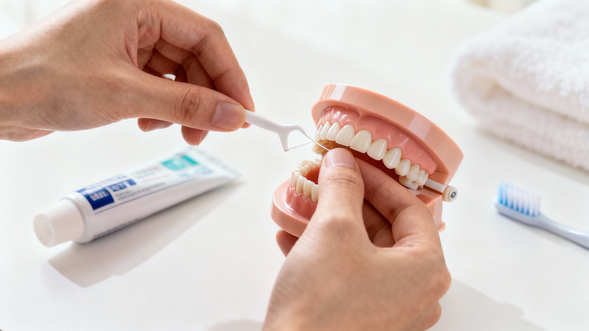 Hands demonstrating flossing a dental model with a floss pick, next to toothpaste and toothbrush.