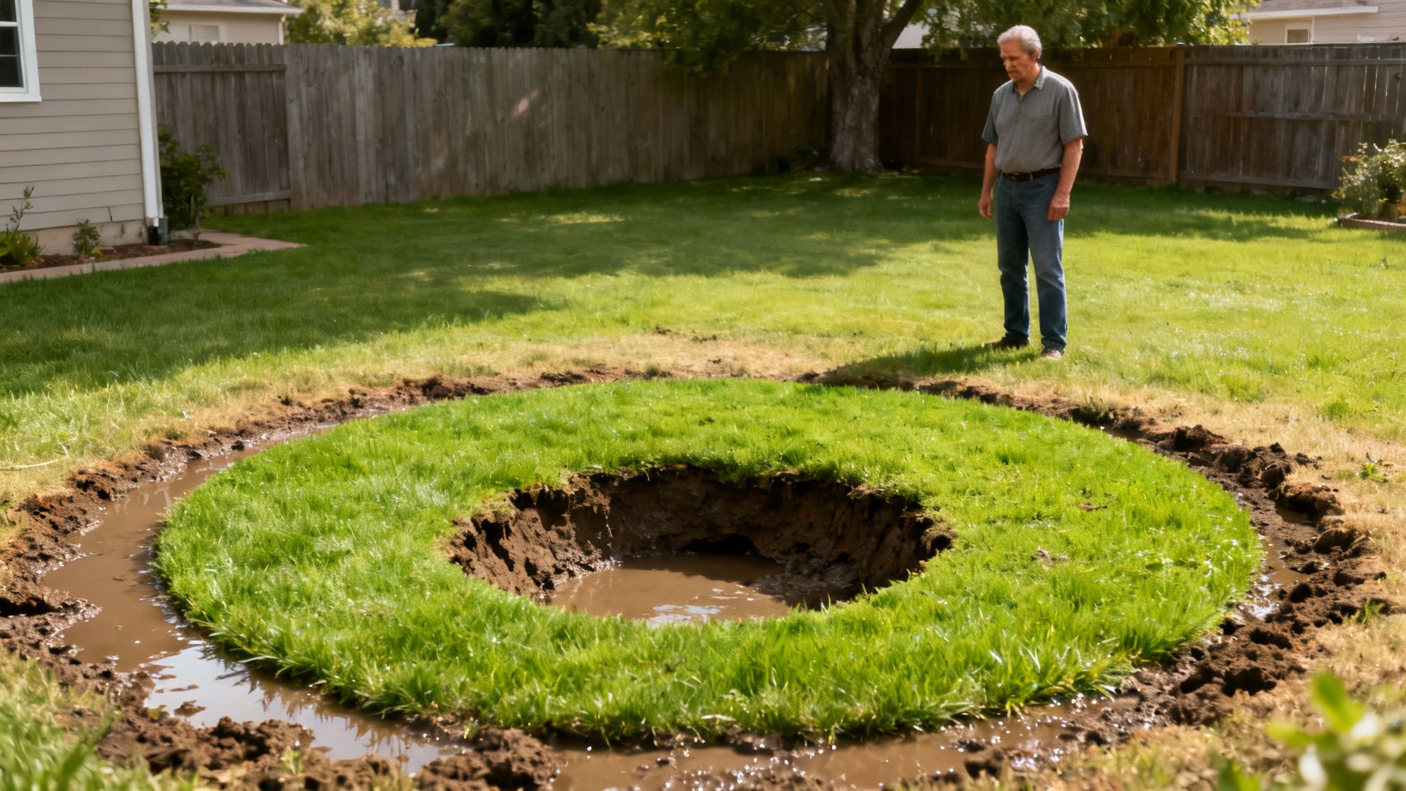 A man observes a backyard with a circular trench and a central hole filled with muddy water.