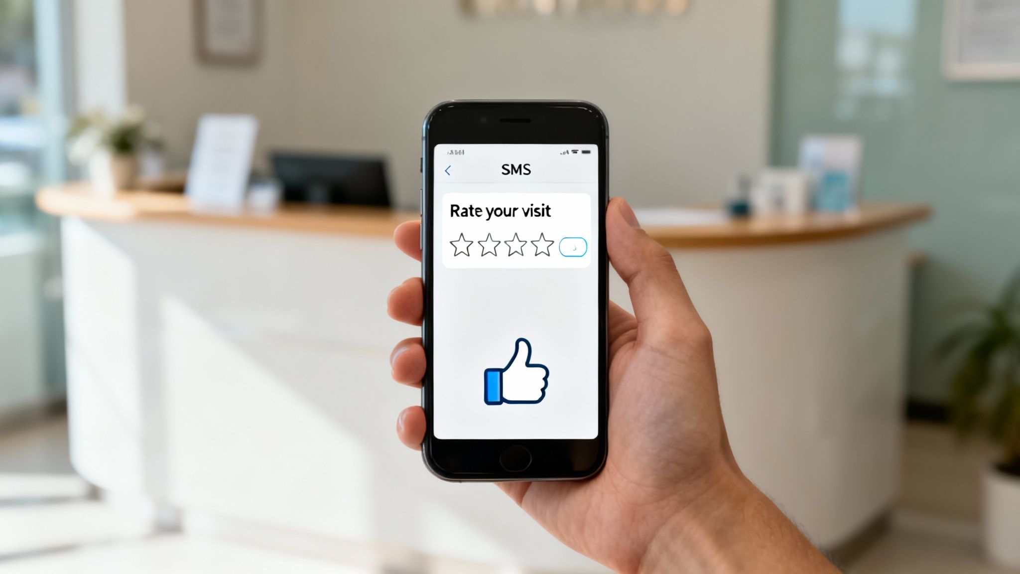 A hand holds a smartphone displaying a customer satisfaction survey with a five-star rating and a thumbs-up.