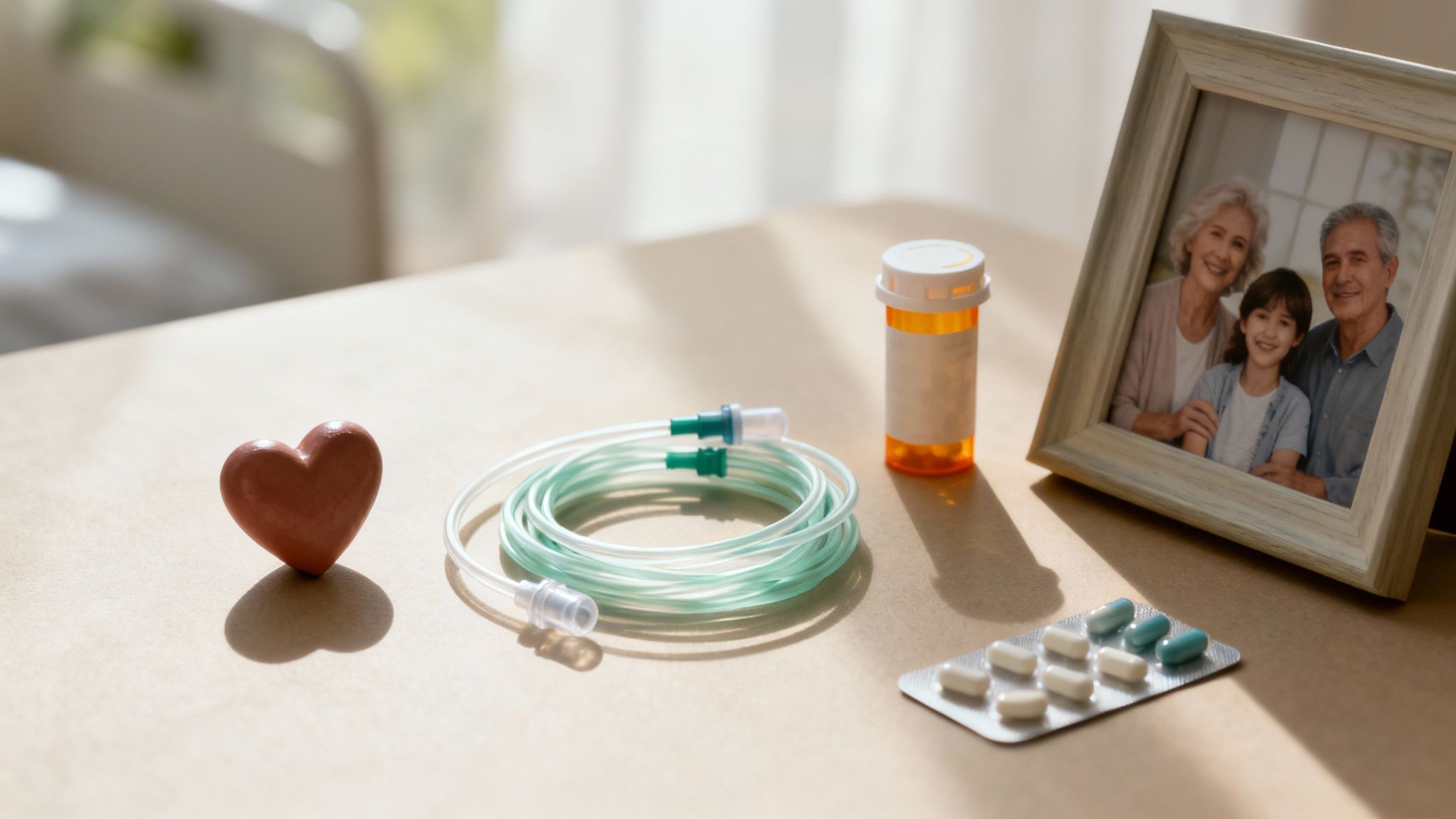 A friendly nurse sits with an elderly woman in her home, discussing care options.