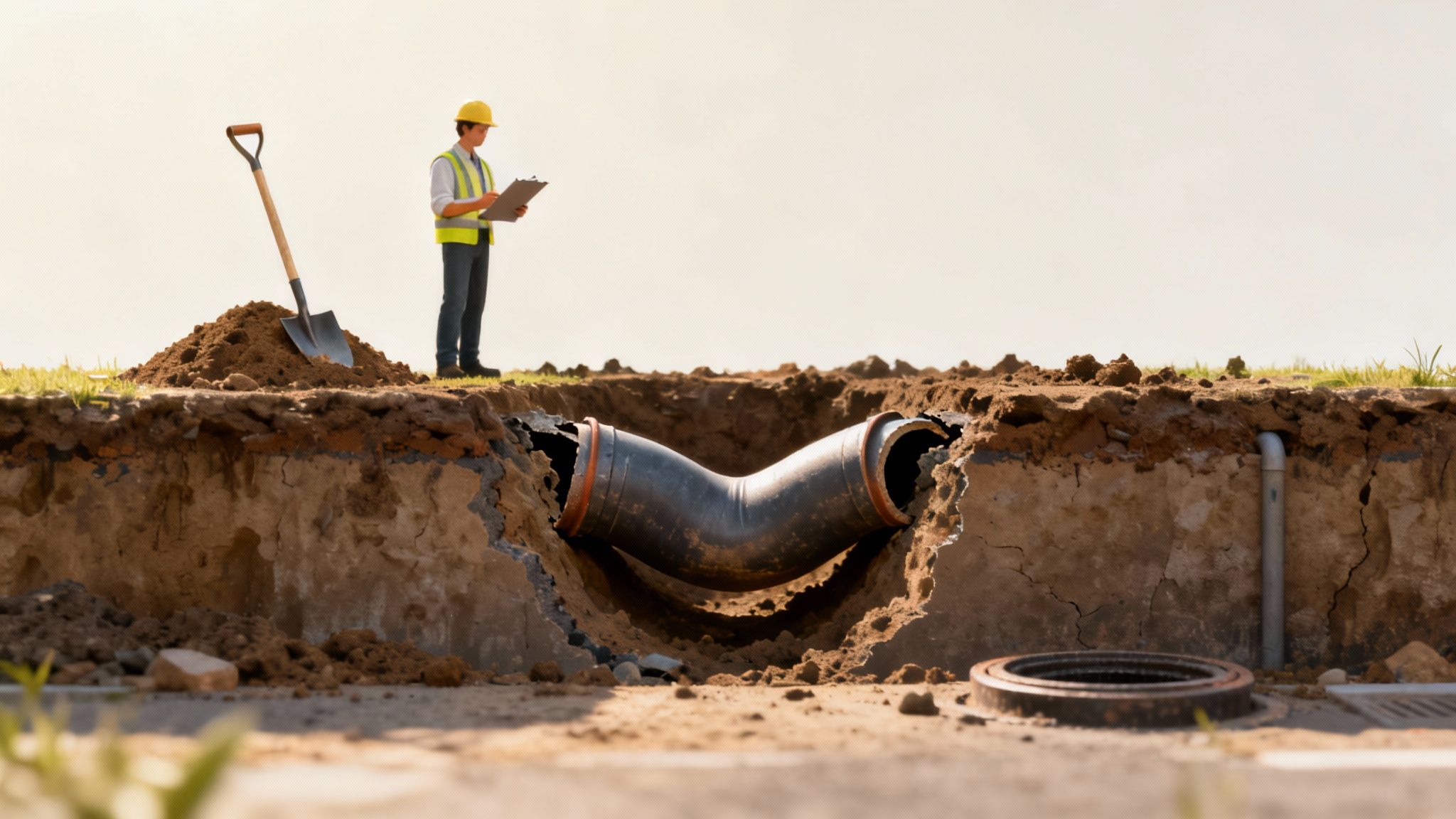 A construction worker in a hard hat inspects exposed pipes in an open trench with a shovel and dirt.