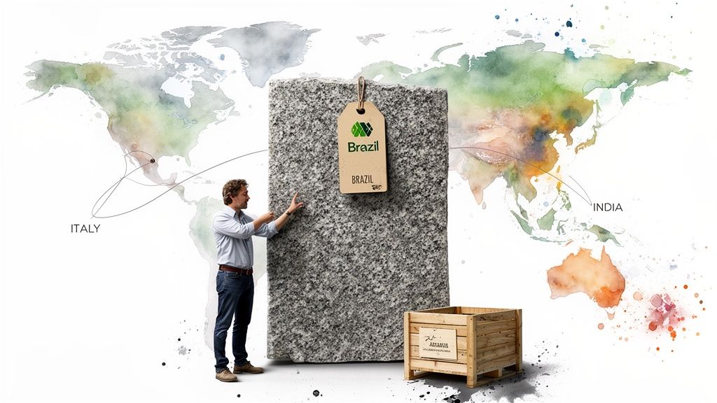Man touching large granite slab with Brazil tag on a world map with sourcing locations.