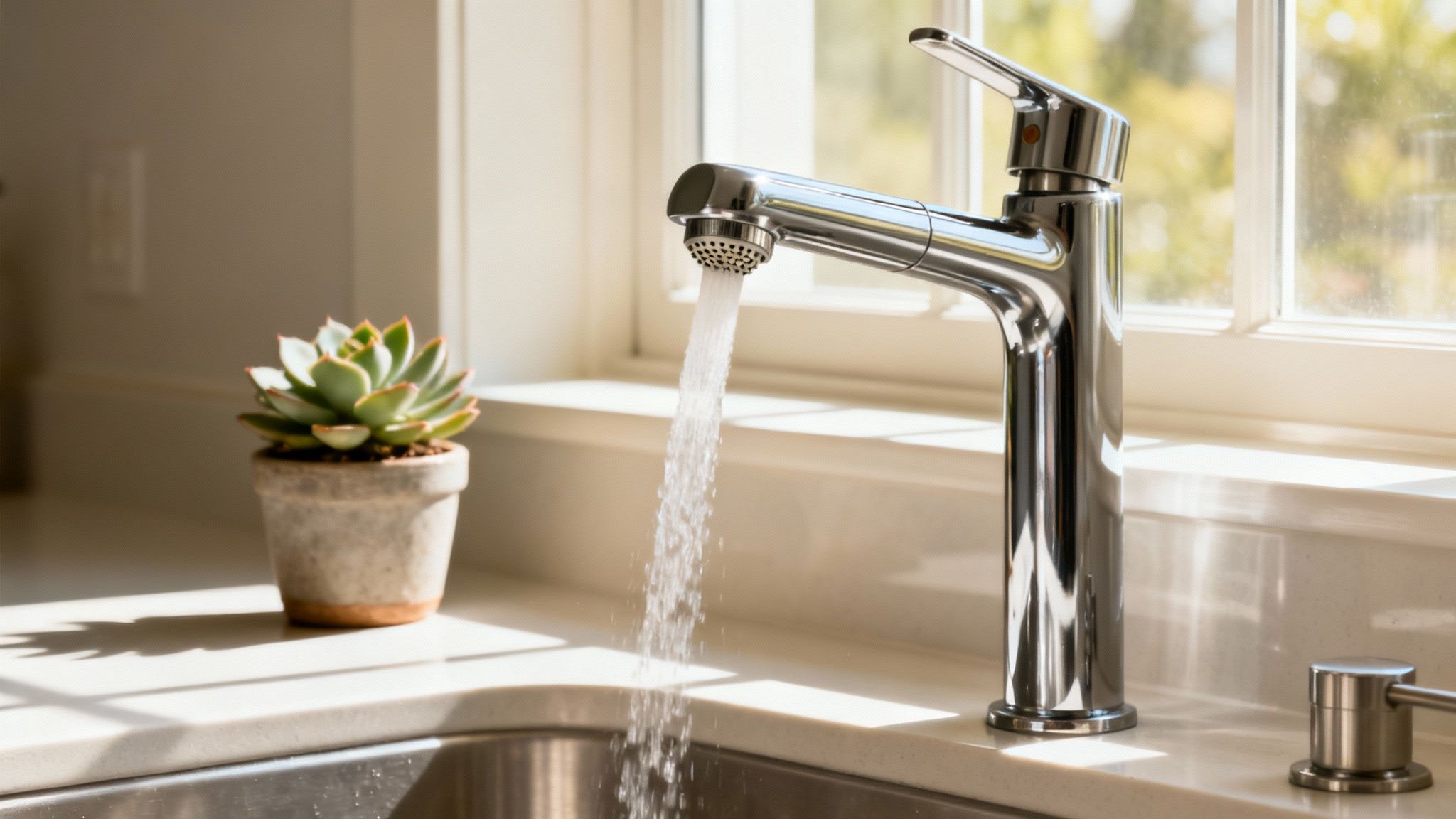 Modern chrome kitchen faucet with running water near window and succulent plant
