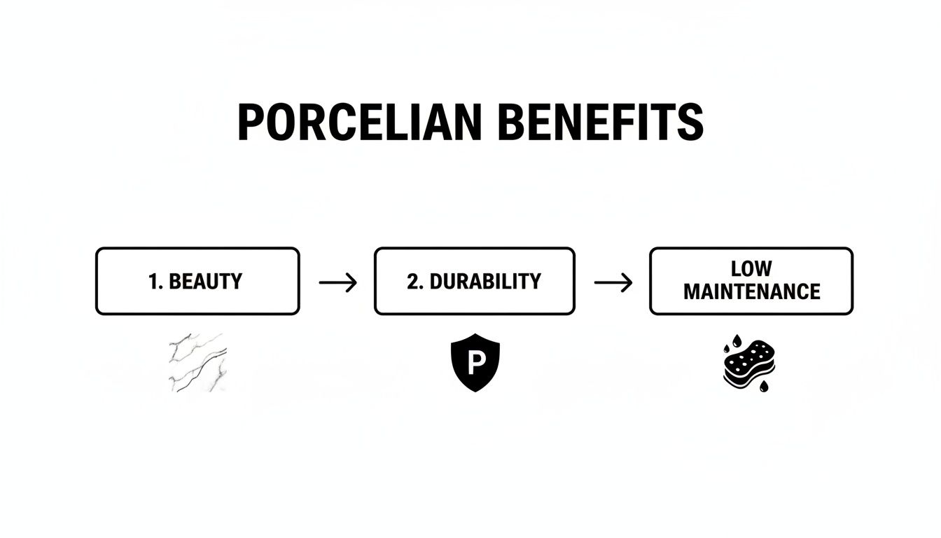 Flowchart illustrating porcelain benefits: beauty, durability represented by a shield, and low maintenance with a sponge icon.