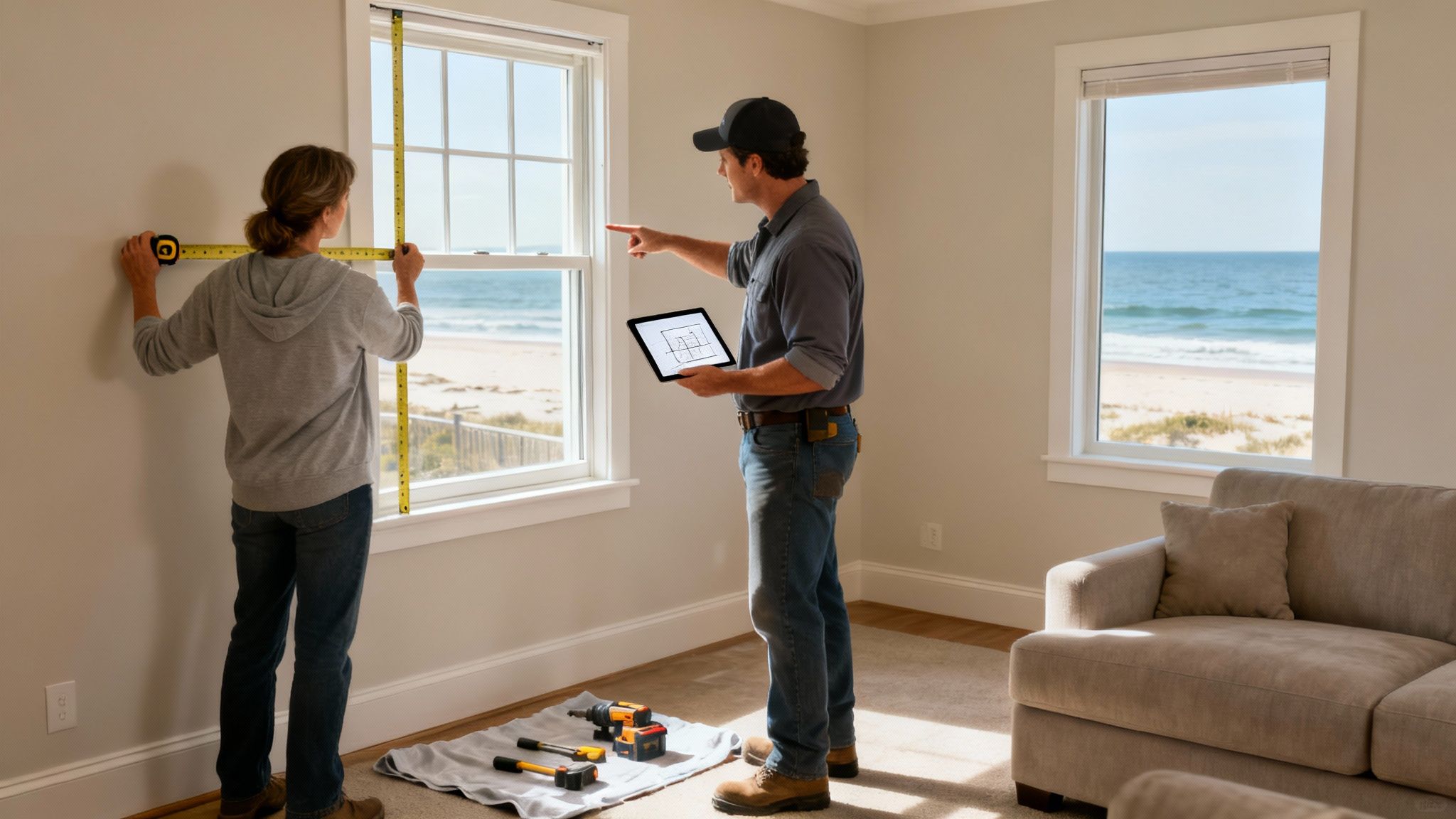 Contractor and homeowner measuring window for replacement installation in coastal home interior