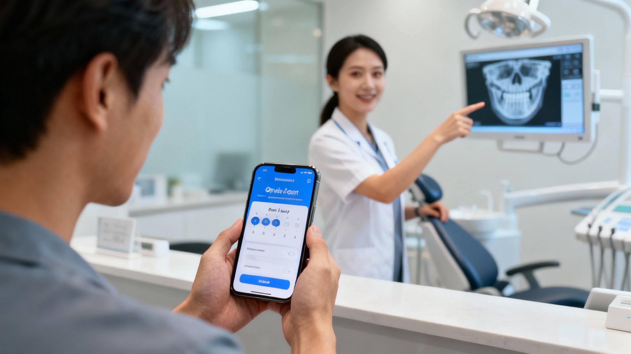 Patient using a dental app on a smartphone during a consultation with a dentist showing an X-ray.