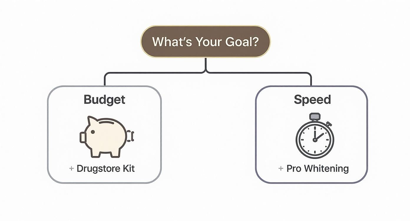 An infographic decision tree for teeth whitening, asking 'What's Your Goal?' and branching to 'Budget' with a piggy bank icon pointing to Drugstore Kit, and 'Speed' with a stopwatch icon pointing to Pro Whitening.