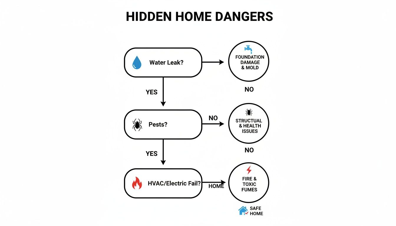 Flowchart illustrating hidden home dangers: water leaks, pests, and HVAC/electric failures leading to various home issues.