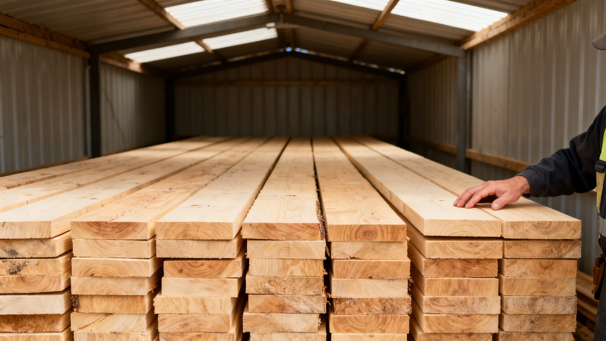 A worker's hand inspects neatly stacked lumber planks in a warehouse.