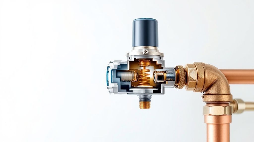 Plumber adjusting a water pressure regulator on a home's main water line.