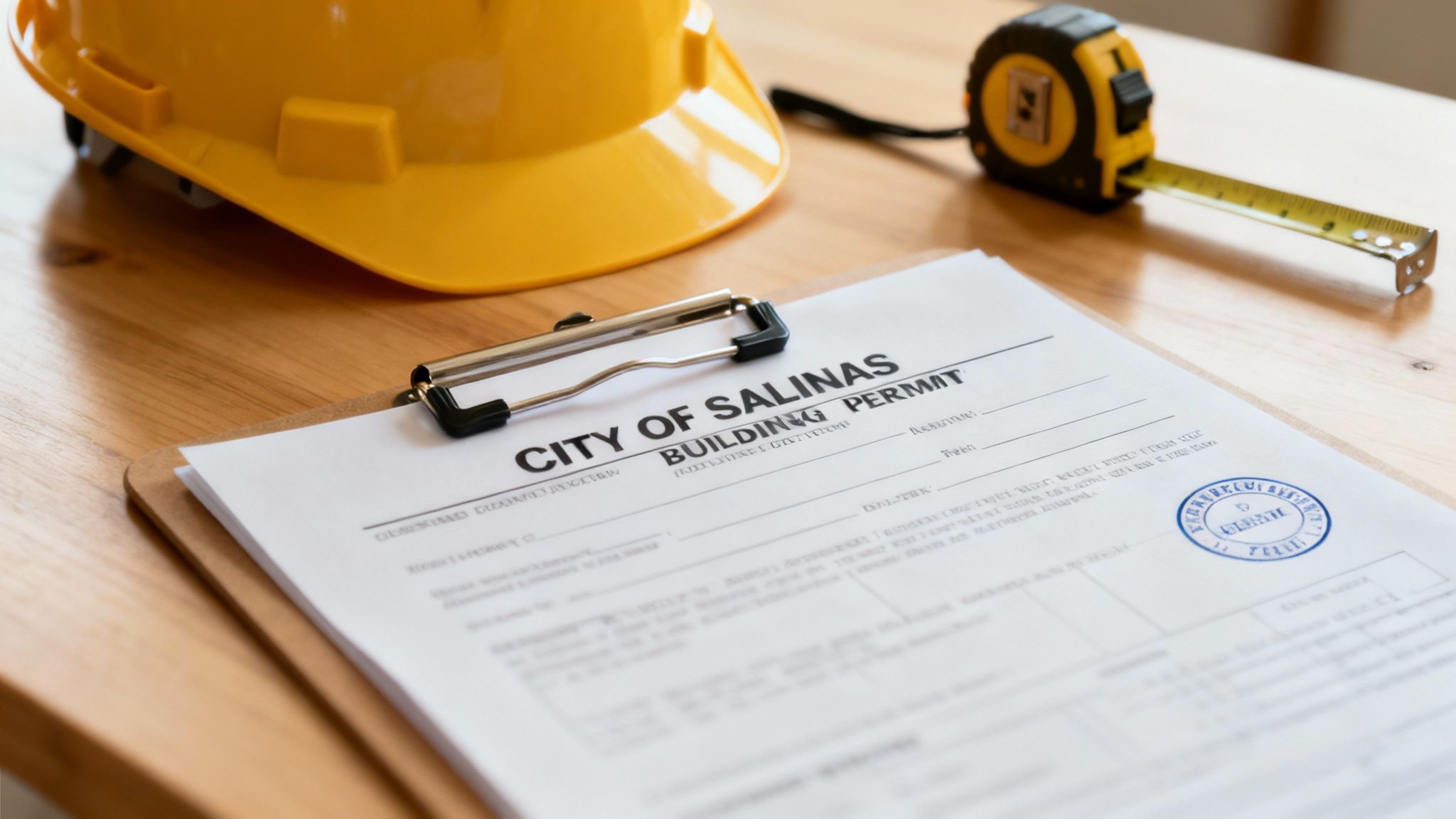 A building permit document displayed on a construction site fence.