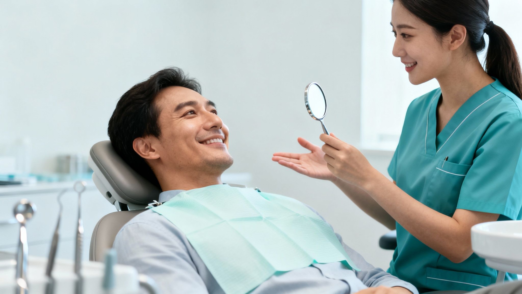Smiling male patient in dental chair looks at his reflection in mirror held by dentist.