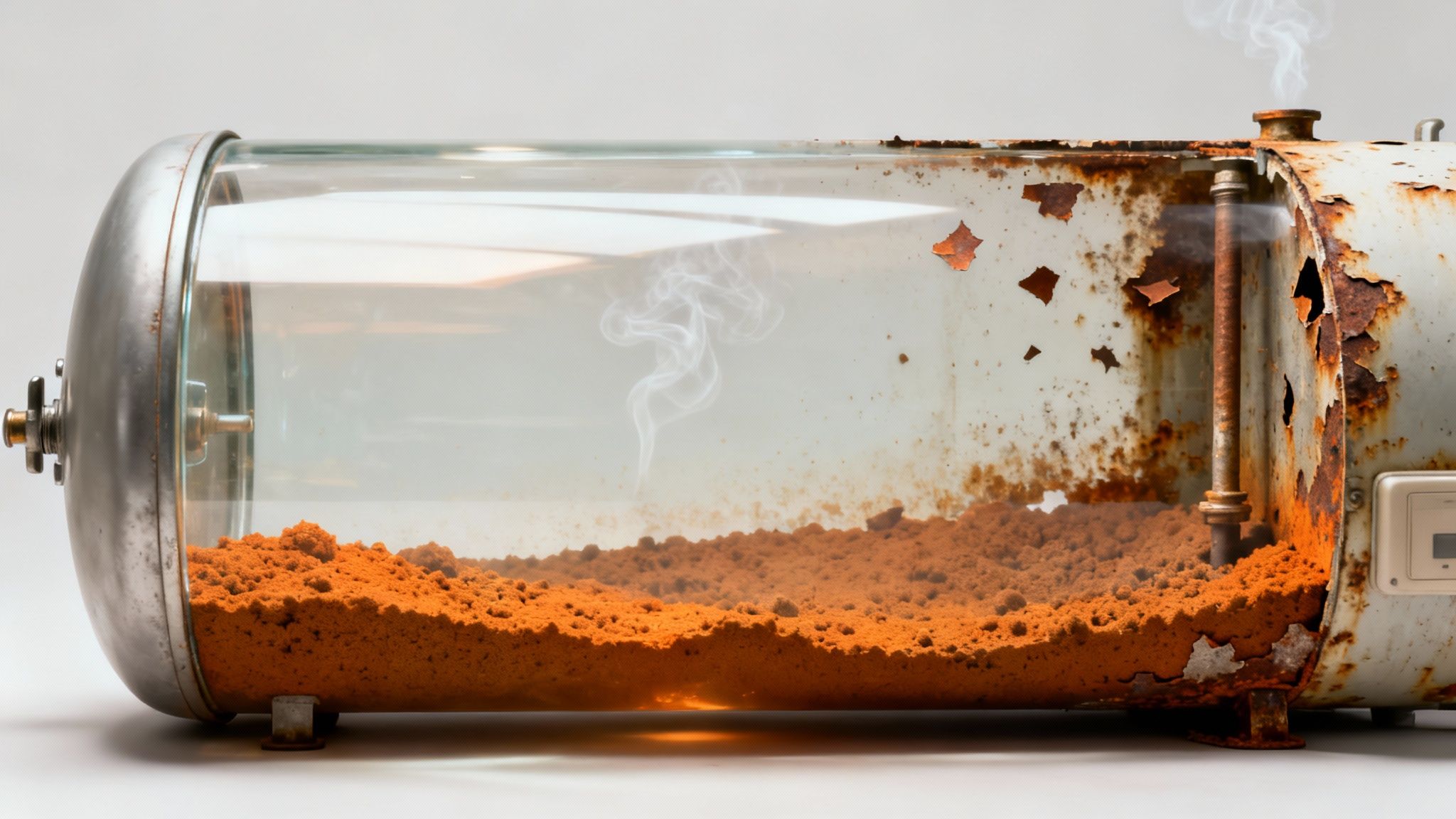Cross-section of an old, heavily rusted tank with orange sediment and white smoke inside.