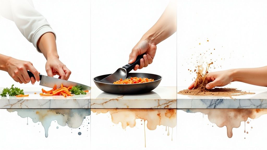 Hands preparing food on marble countertop showing cooking stains and spills from daily use