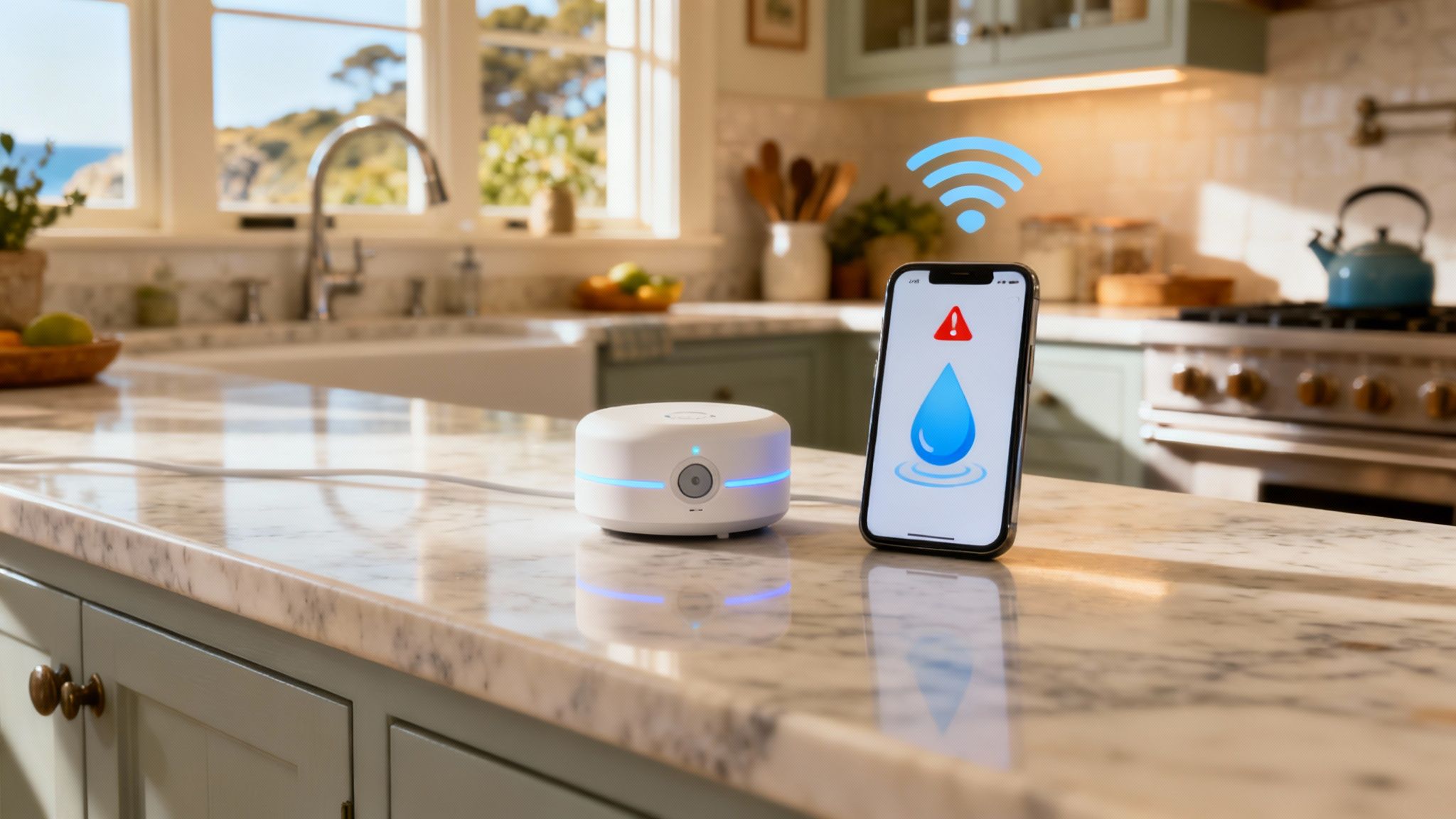 A homeowner using their smartphone to monitor water usage and control smart plumbing fixtures in their home.
