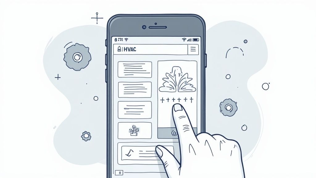 A friendly HVAC contractor presenting a tablet with scheduling options to a homeowner in her kitchen.
