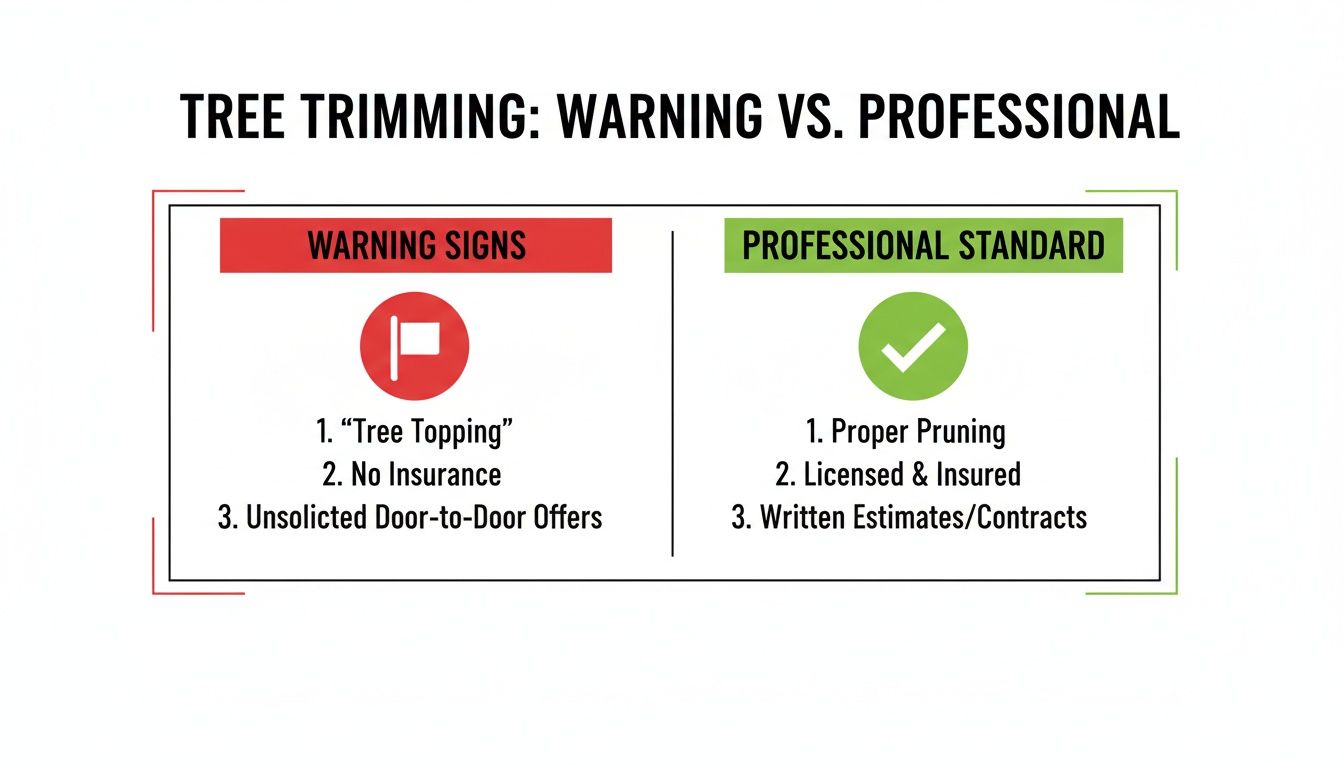 Infographic comparing warning signs of unprofessional tree trimming services with professional standards for tree care.