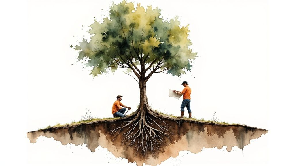 Watercolor illustration of two men planning a landscape project around a large tree with exposed roots.