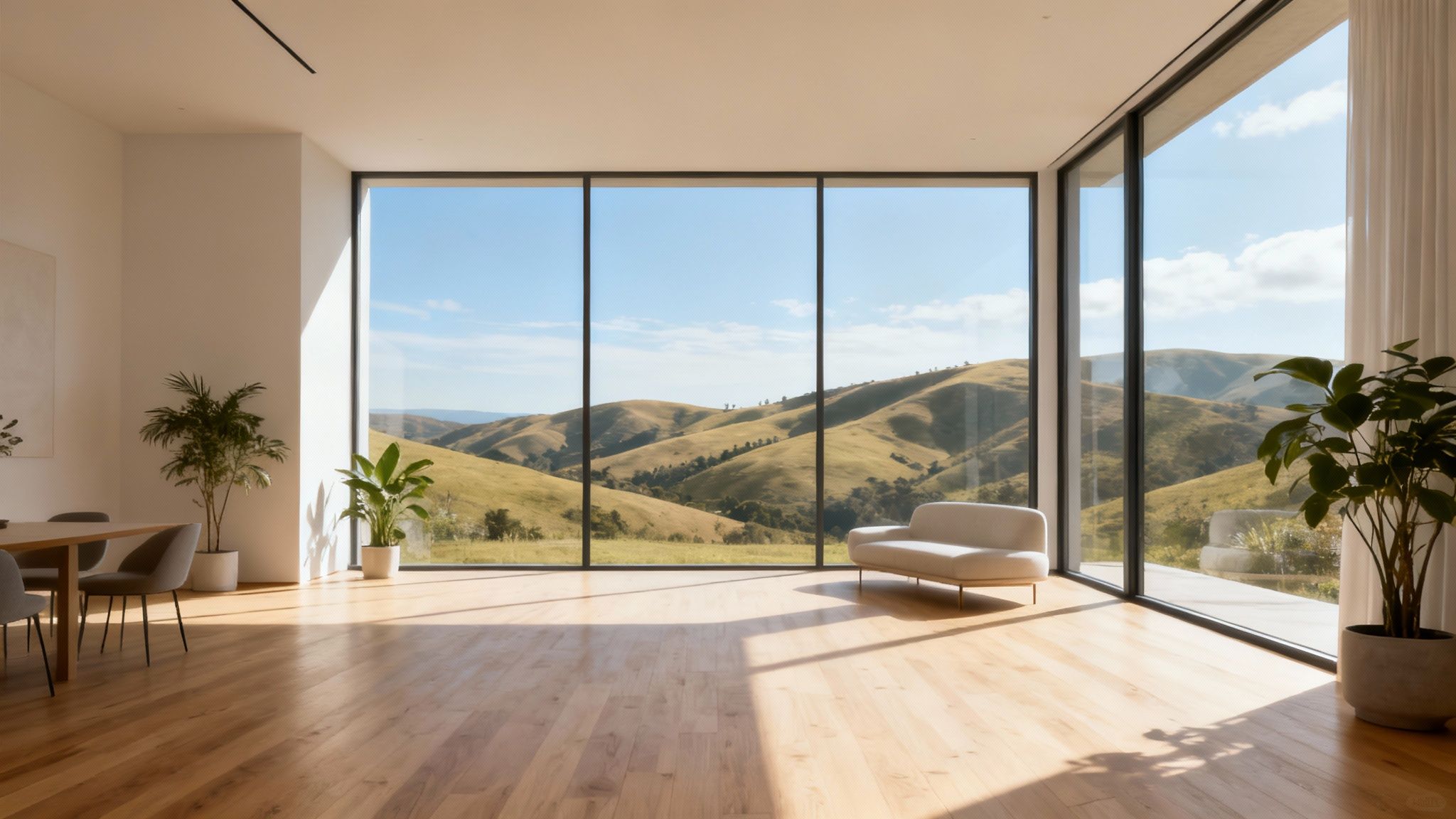 A bright, modern living room with floor-to-ceiling windows overlooking a scenic coastal view in Monterey.