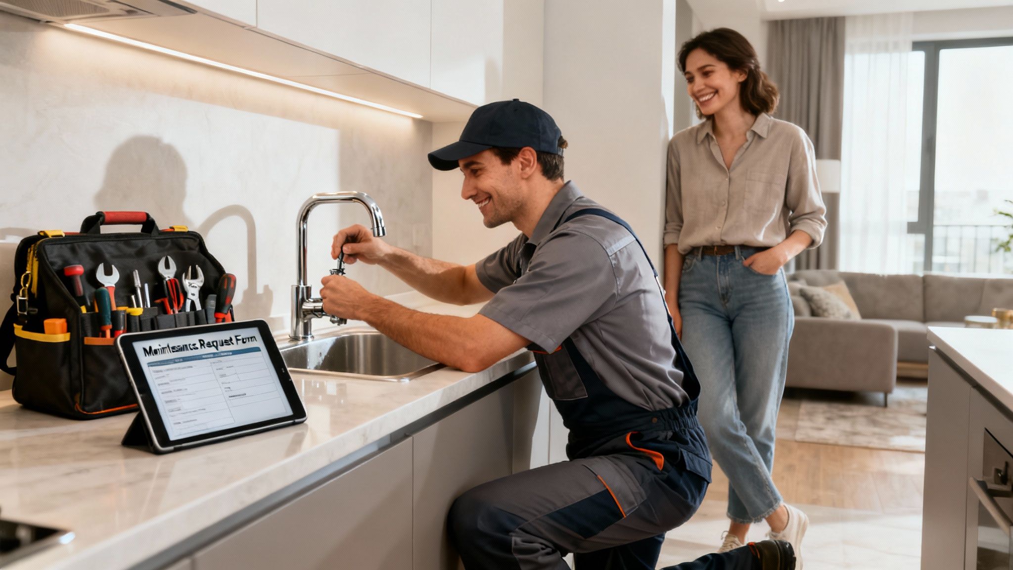 A professional plumber fixes a kitchen faucet while a happy female client watches nearby.