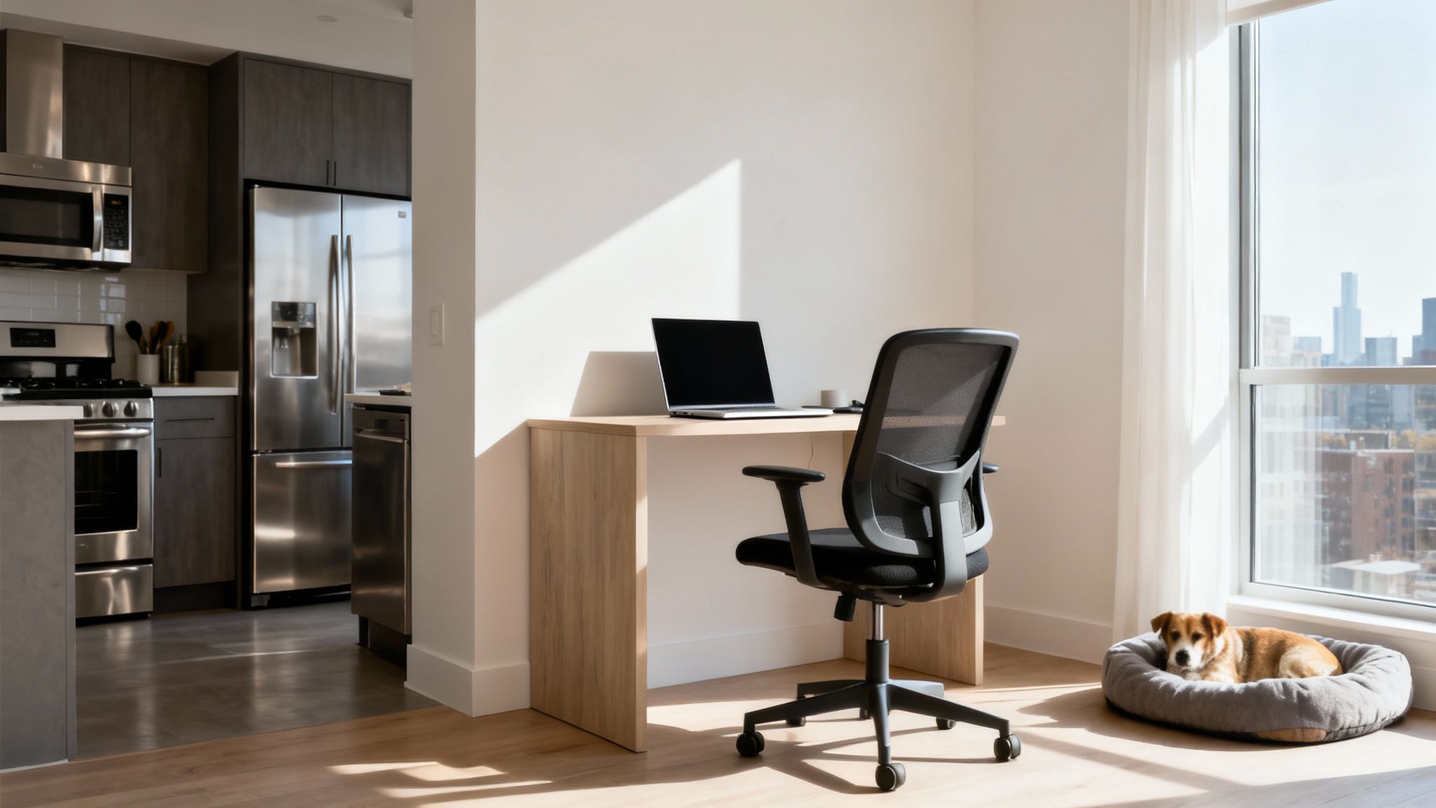 A modern apartment with a home office desk, laptop, chair, kitchen, city view, and a dog in its bed.