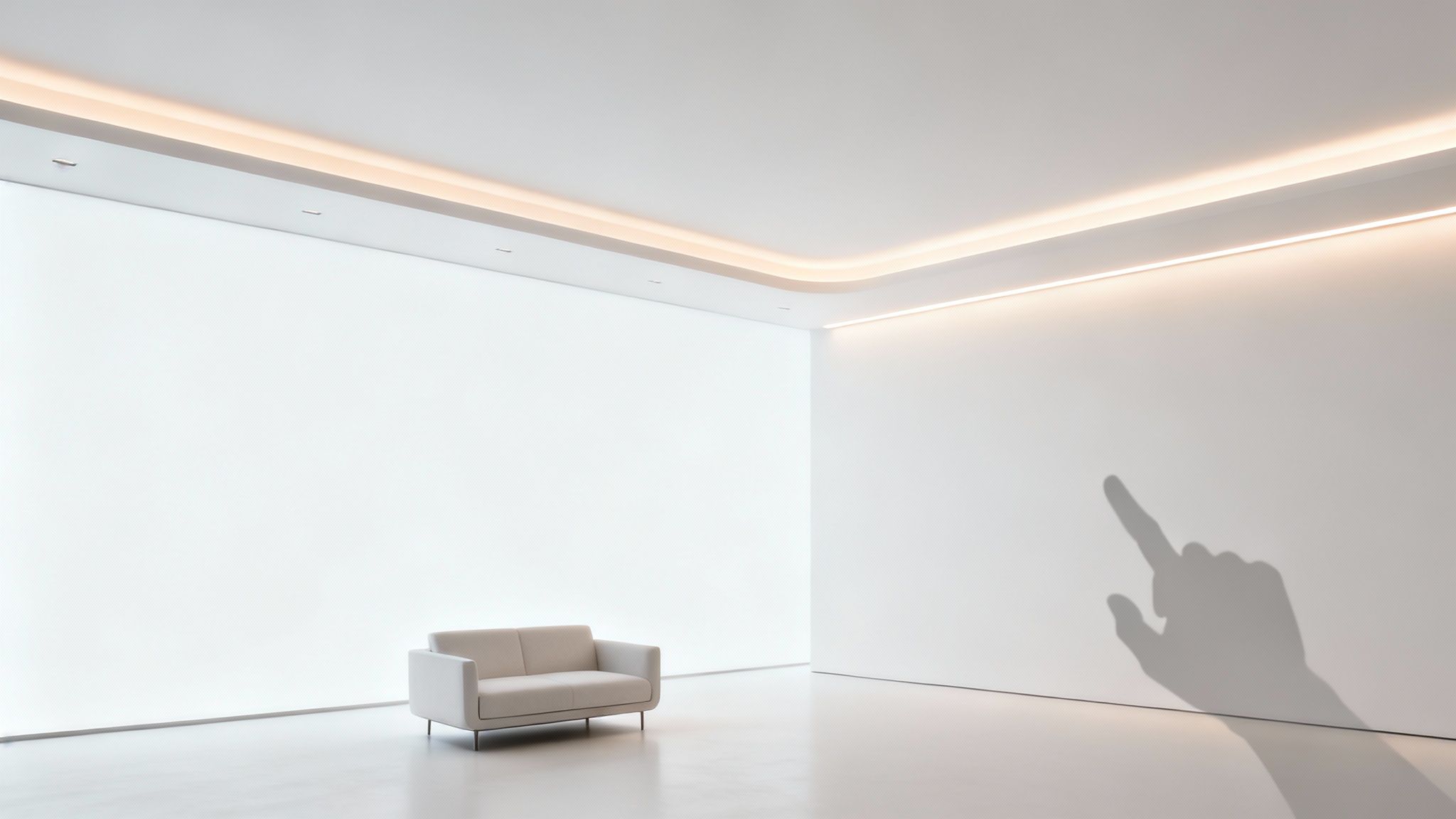 A minimalist white room with a modern light-colored sofa, illuminated by strip lights and a hand shadow.