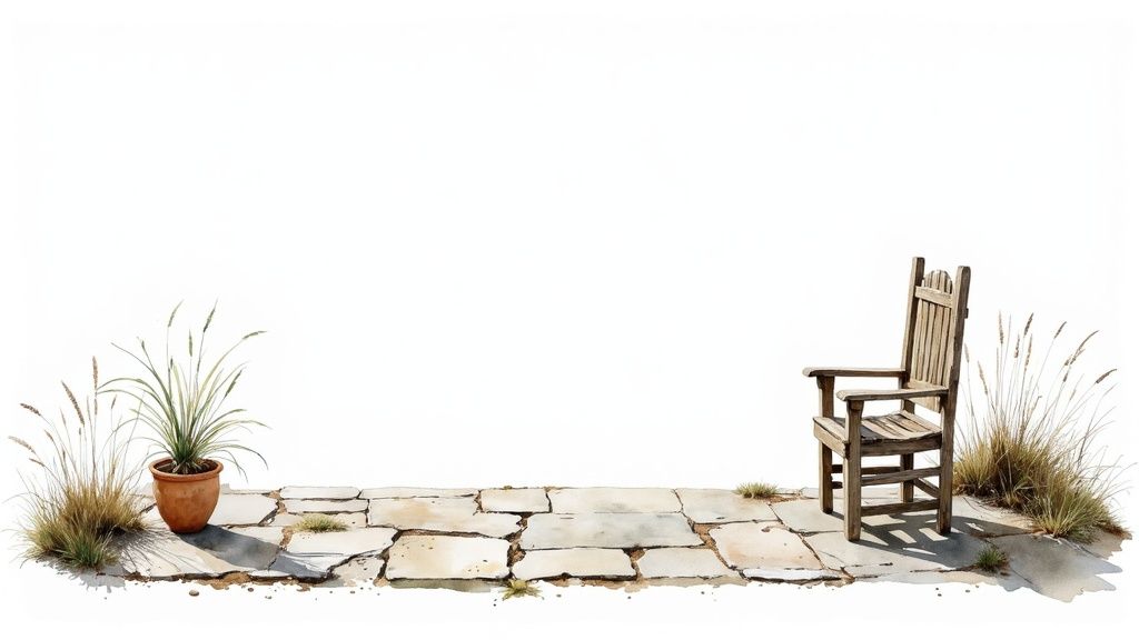 Rustic wooden rocking chair on weathered stone patio with decorative grasses and terracotta planter