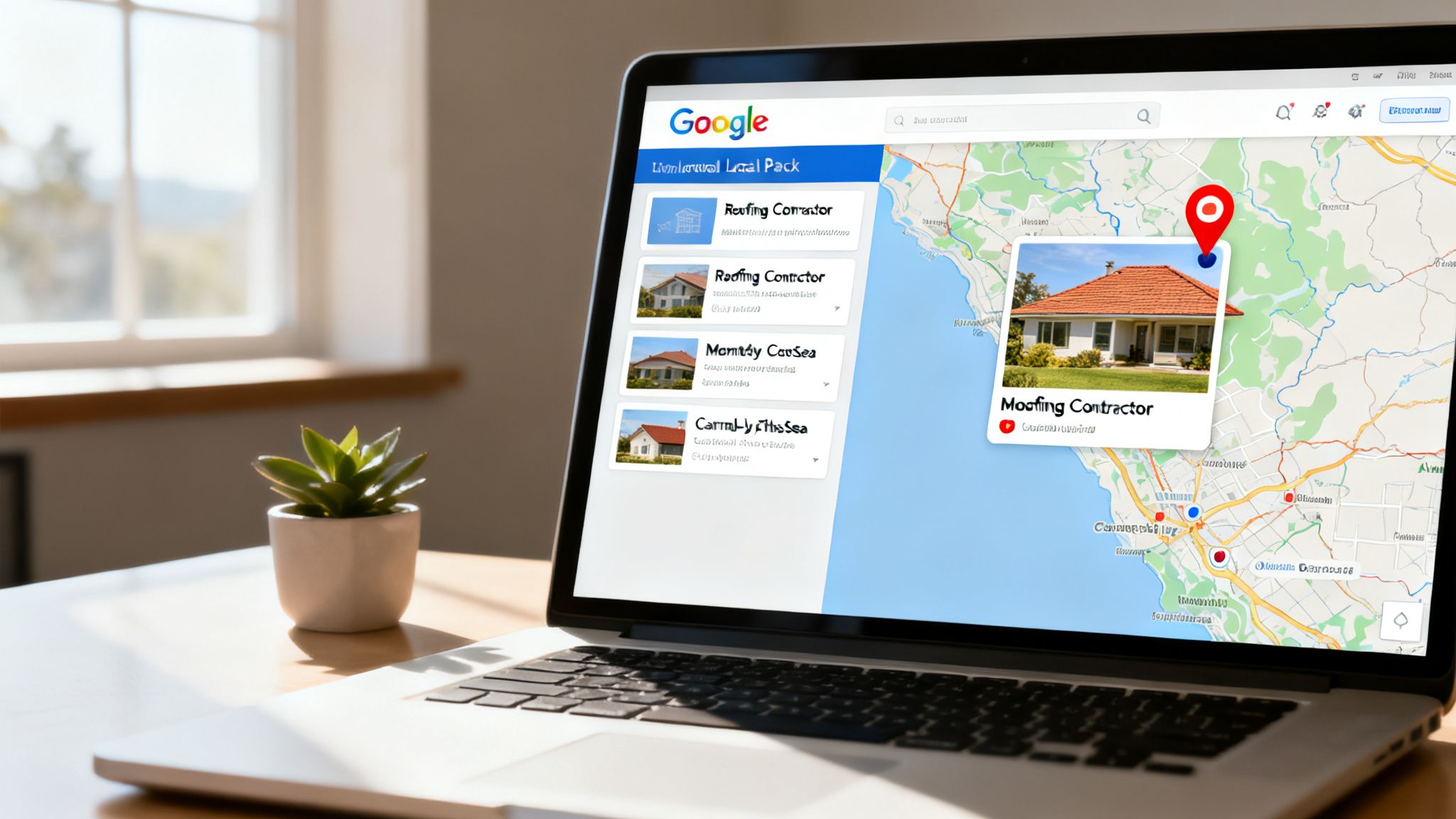 Laptop displaying Google Local Pack search for roofing contractors, showing map, listings, and a house.