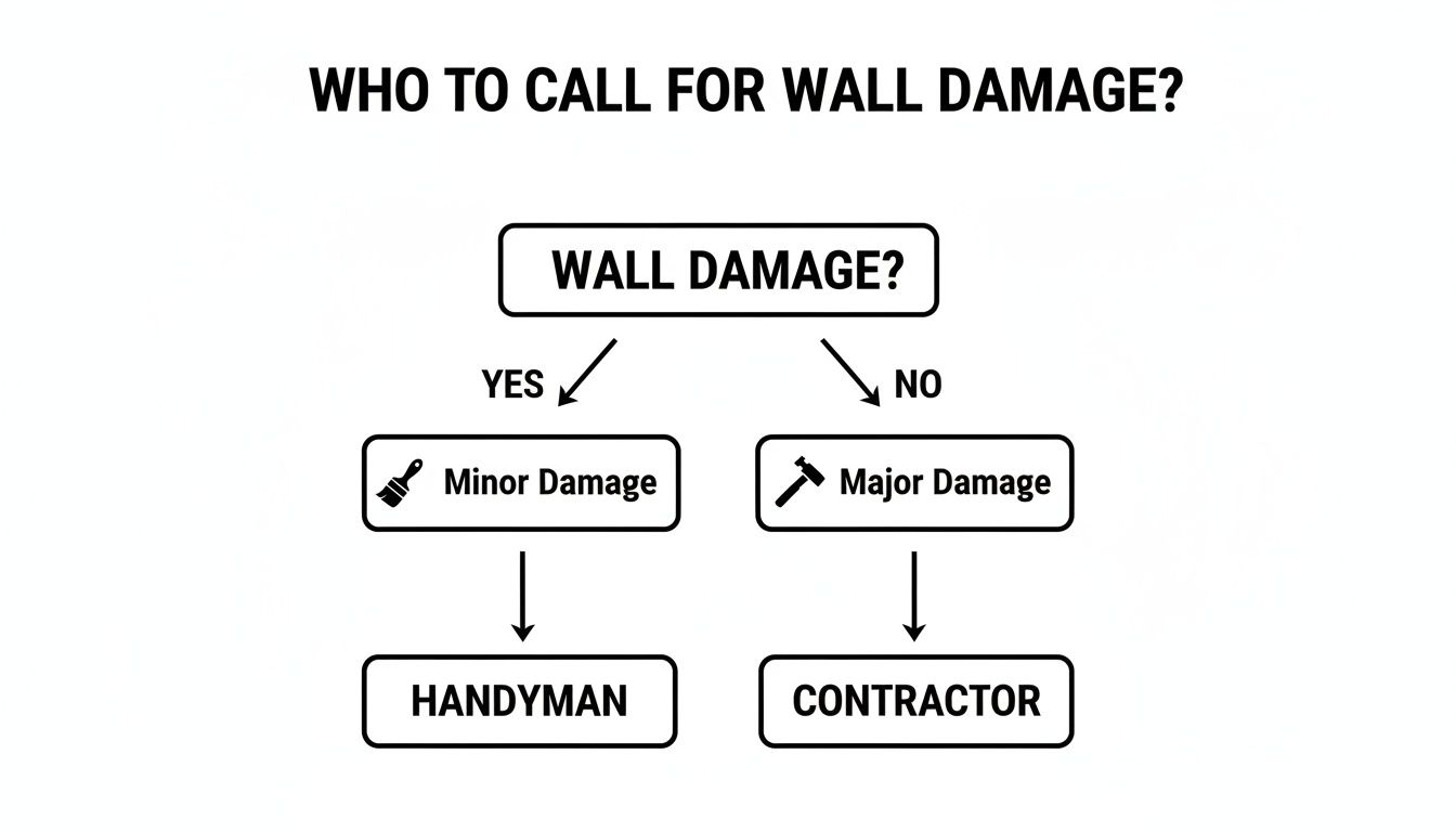 Flowchart on who to call for wall damage: handyman for minor damage, contractor for major damage.