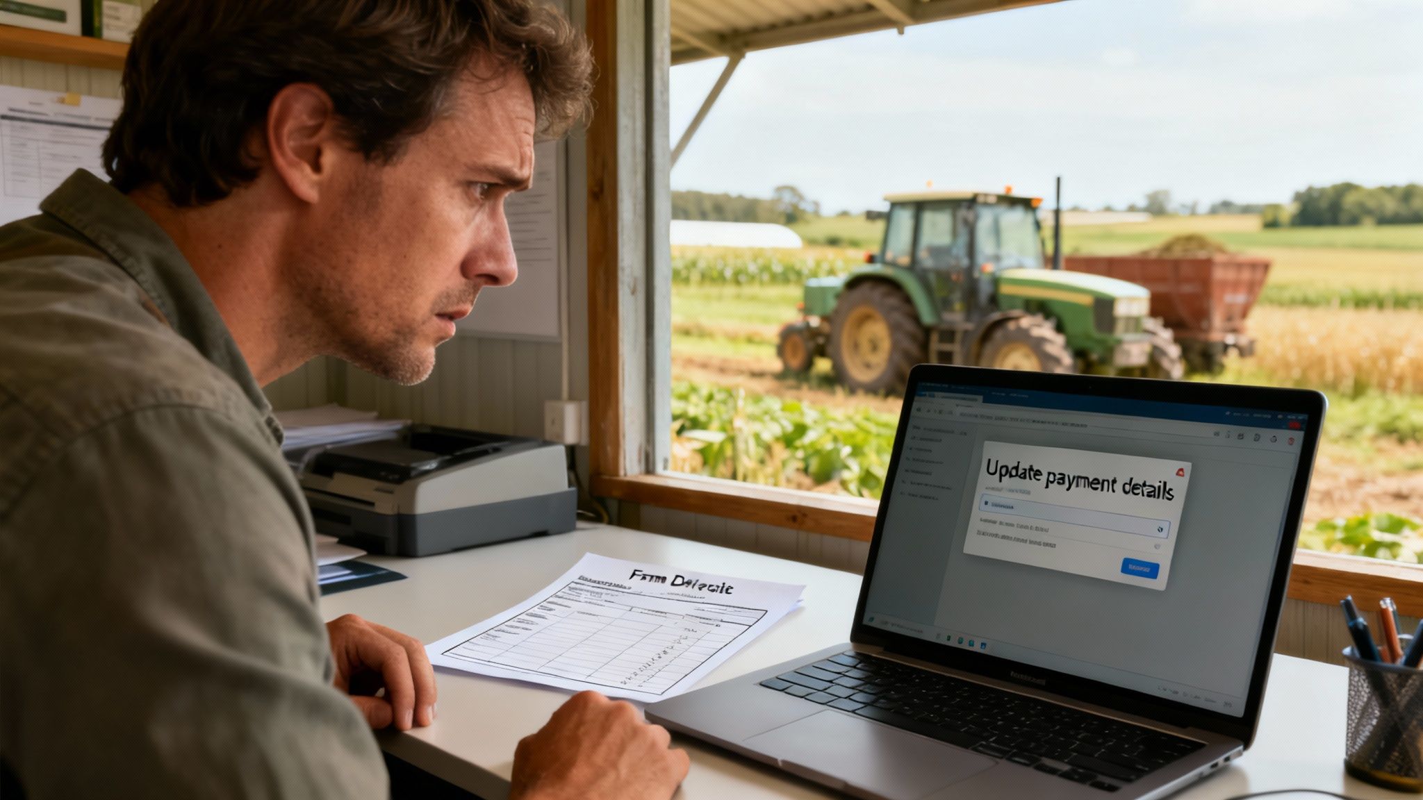 A concerned farmer updates payment details on a laptop in a farm office, tractor visible outside.