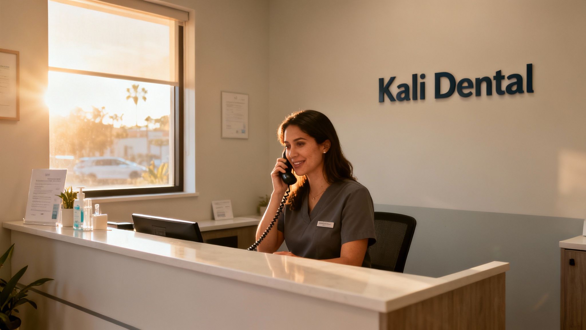 Smiling dental receptionist talks on the phone at a modern Kali Dental office front desk.