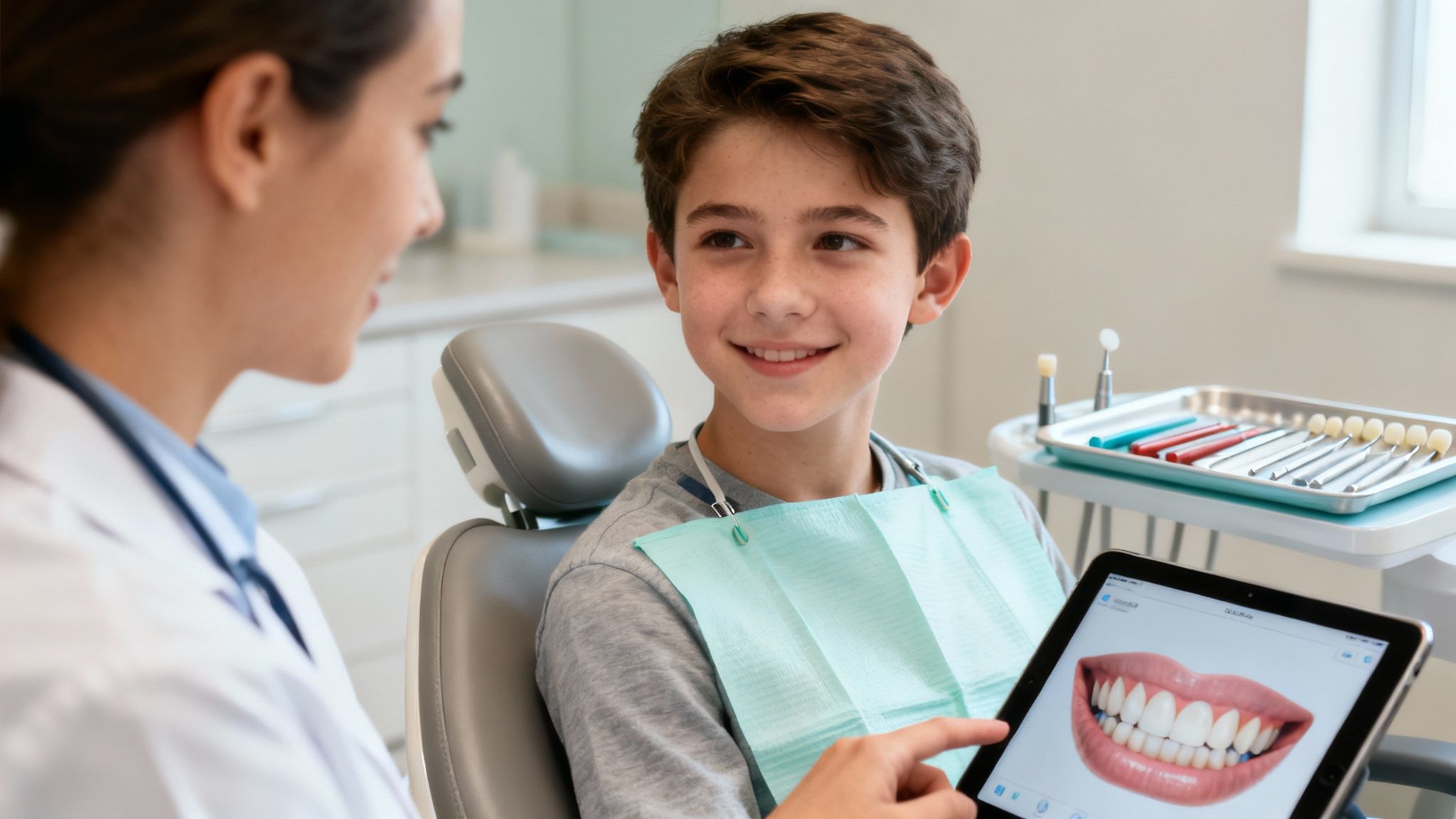 A female dentist shows a smiling young boy a digital image of healthy teeth on a tablet in a dental office.