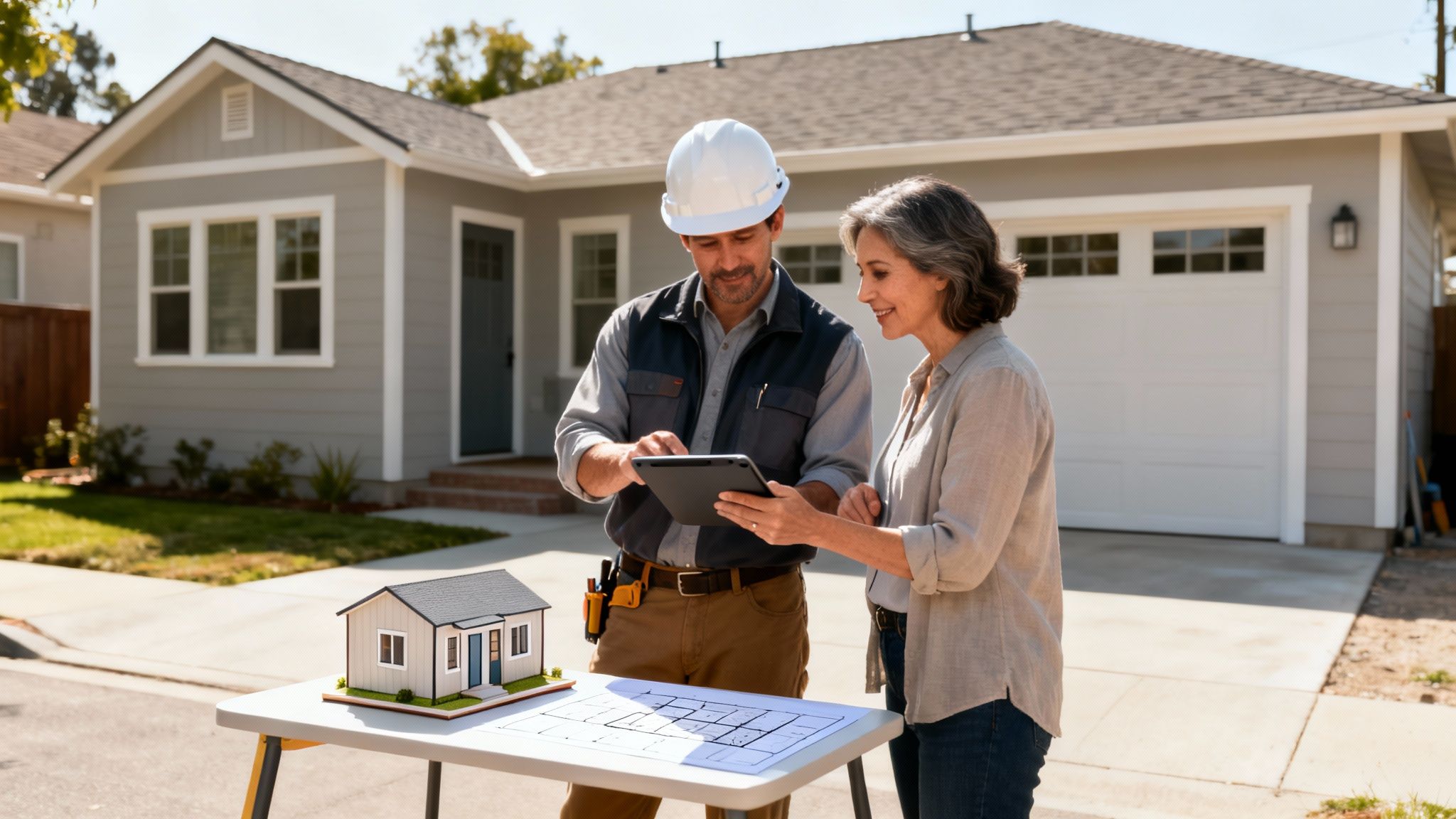 A man in a hard hat and a woman look at a tablet, with a house model and blueprints nearby.