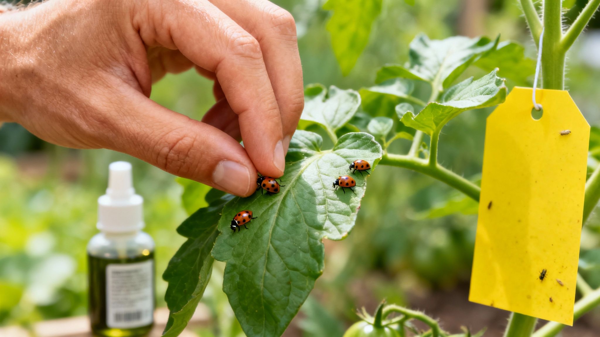 A hand places beneficial ladybugs onto a green plant leaf for natural pest control in a garden.