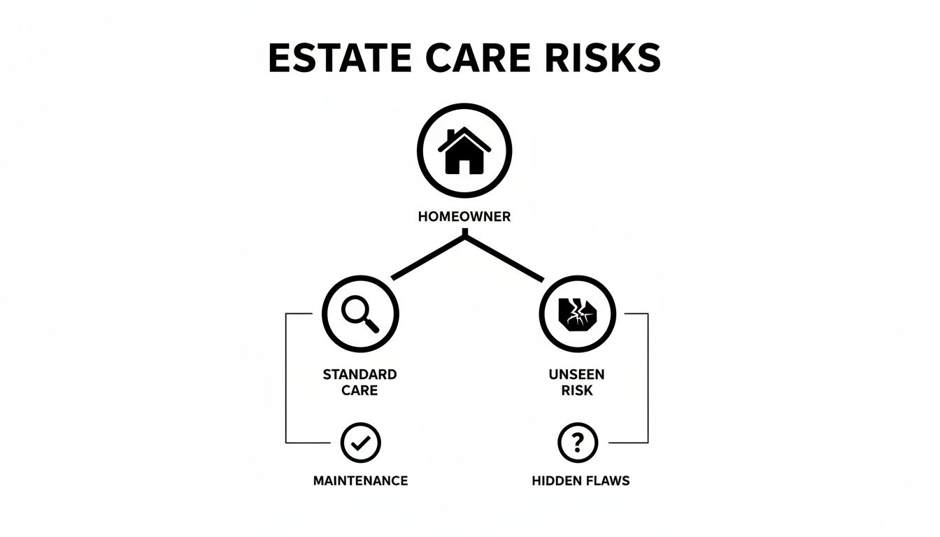 A diagram illustrating estate care risks, showing a homeowner branching into standard care and unseen risks, leading to maintenance and hidden flaws.