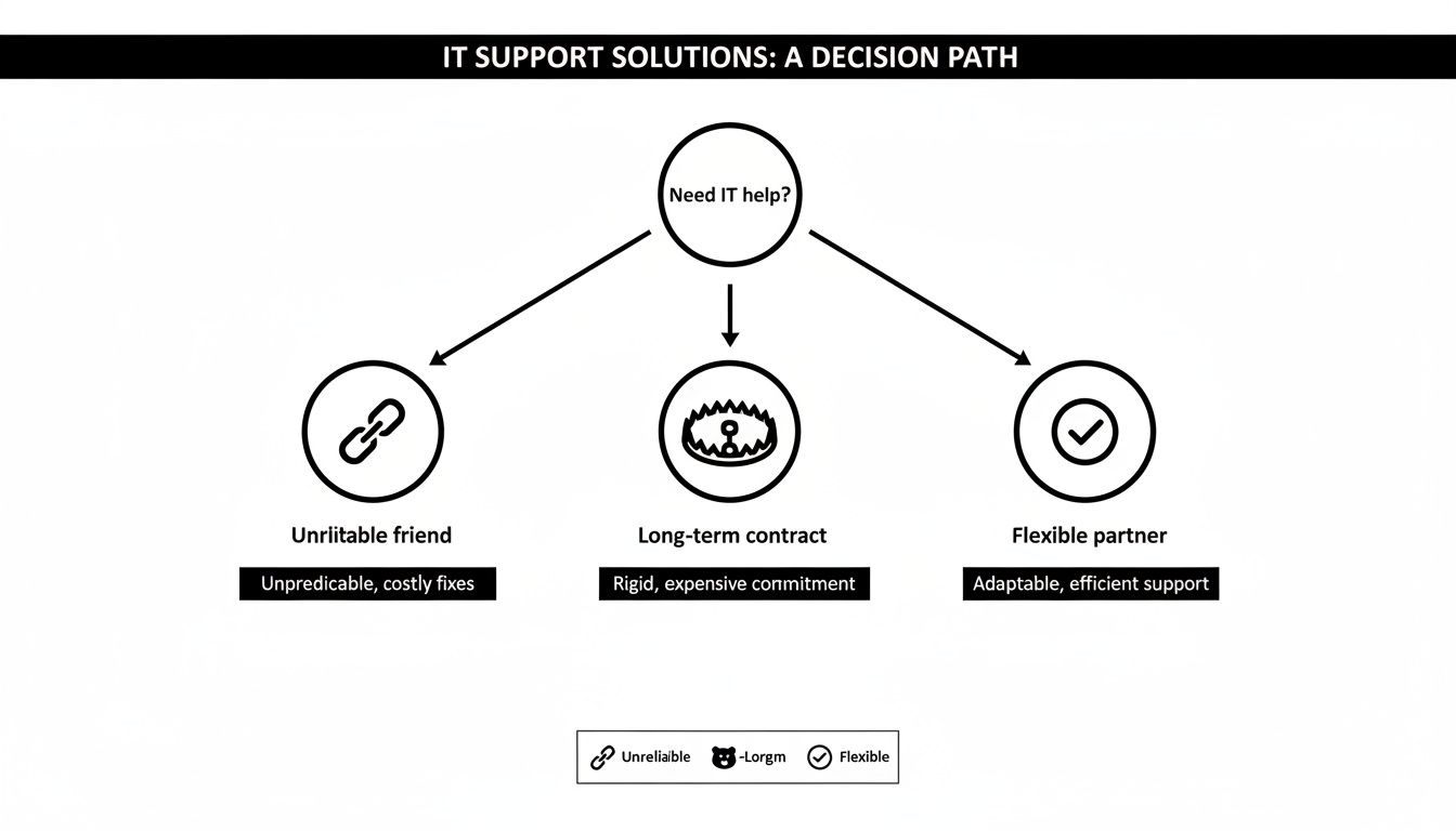 Decision path diagram for IT support solutions, illustrating three options: unreliable, long-term contract, or flexible partner.